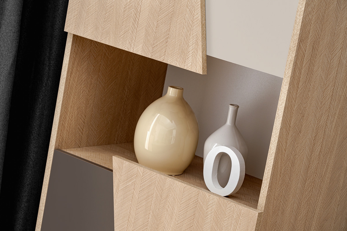 Regál Miraza 50 cm - skandinávská rybina / béžová / bílá / hnědá Regál niski z geometrycznymi drzwiami Miraza - jodelka skandi / Béžová / Bílý / Hnědá - wneka