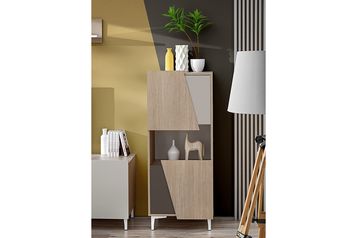 Regál Miraza 50 cm - skandinávská rybina / béžová / bílá / hnědá Regál niski z geometrycznymi drzwiami Miraza - jodelka skandi / Béžová / Bílý / Hnědá - aranzacja