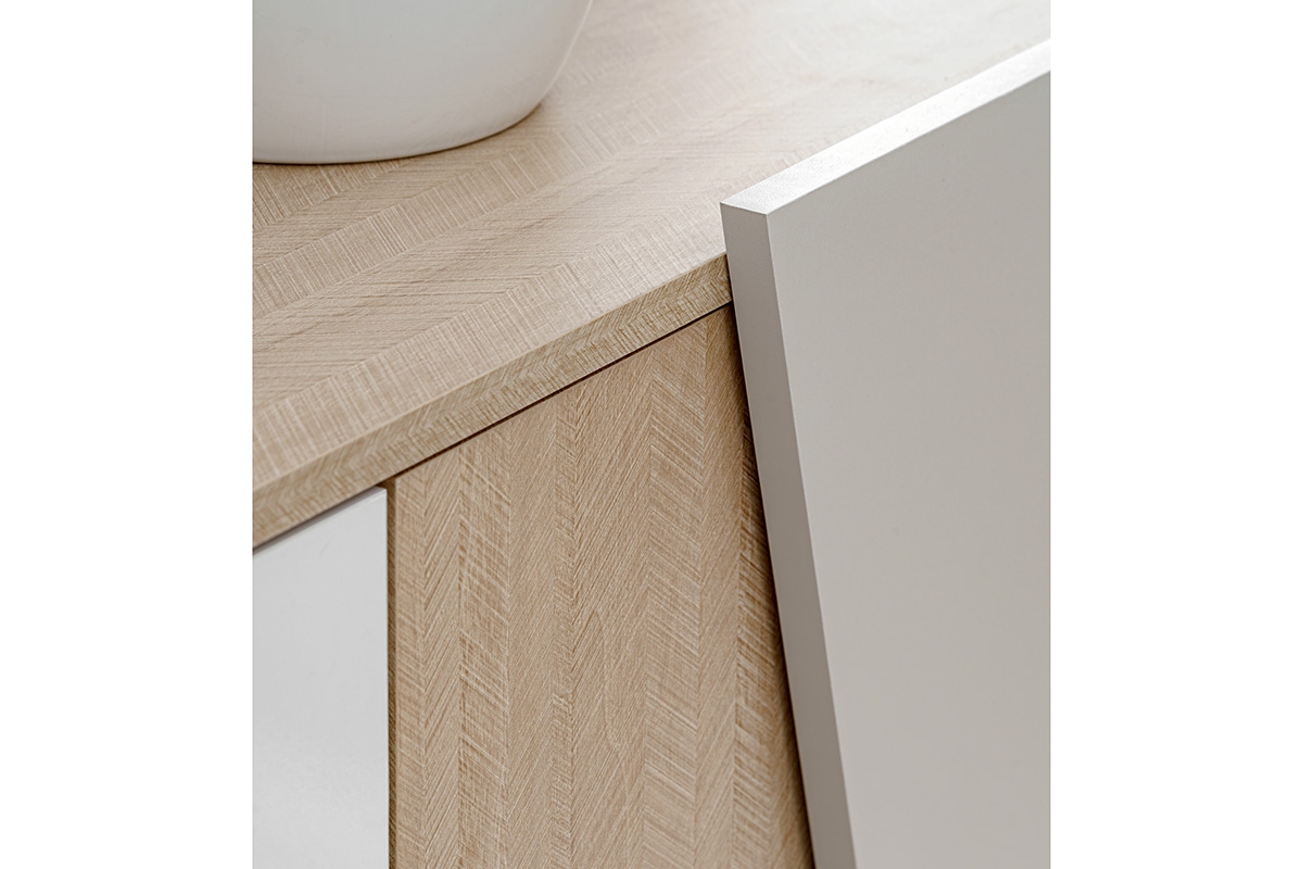 Komoda Miraza 180 cm geometrická - škandinávska rybia kosť / béžová / biela / hnedá Komoda z geometrycznymi drzwiami Miraza 180 cm - jodelka skandi / Béžová / Biely / Hnedá - predná časť