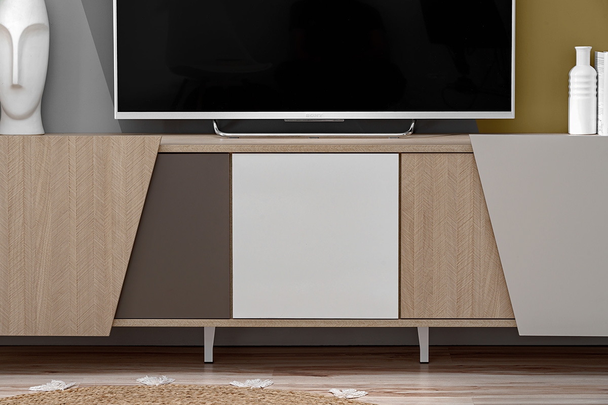 TV stolek Miraza 180 cm - skandinávská rybina / béžová / bílá / hnědá Skříňka RTV z geometrycznymi drzwiami Miraza 180 cm - jodelka skandi / Béžová / Bílý / Hnědá - přední část