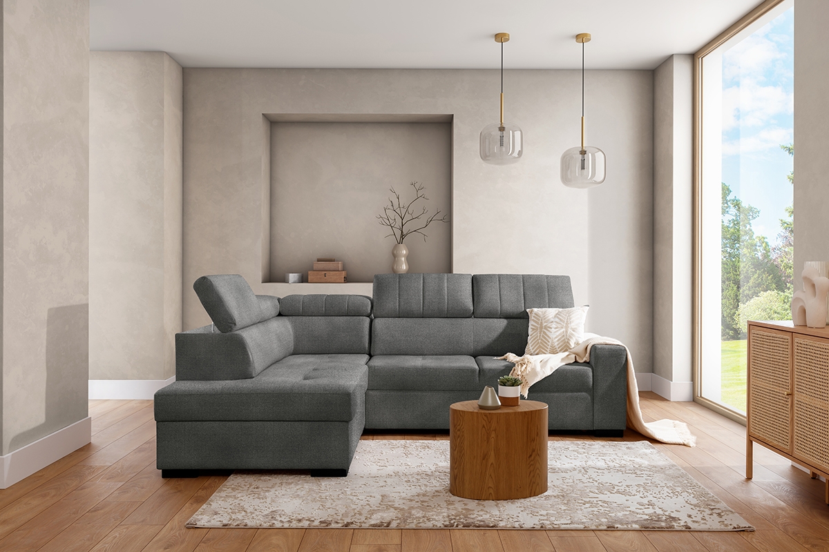 Rozkládací rohová sedací souprava Modeno L pravá - grafitová Zetta 304 Rohová sedací souprava Modeno z regulowanymi zaglowkami 