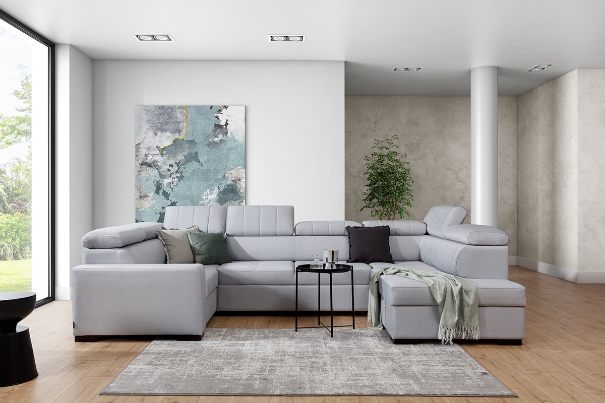Rozkladacia rohová sedacia súprava Modeno U šedý Rohová sedacia súprava z regulowanymi zaglowkami, do nowoczesnego salonu 