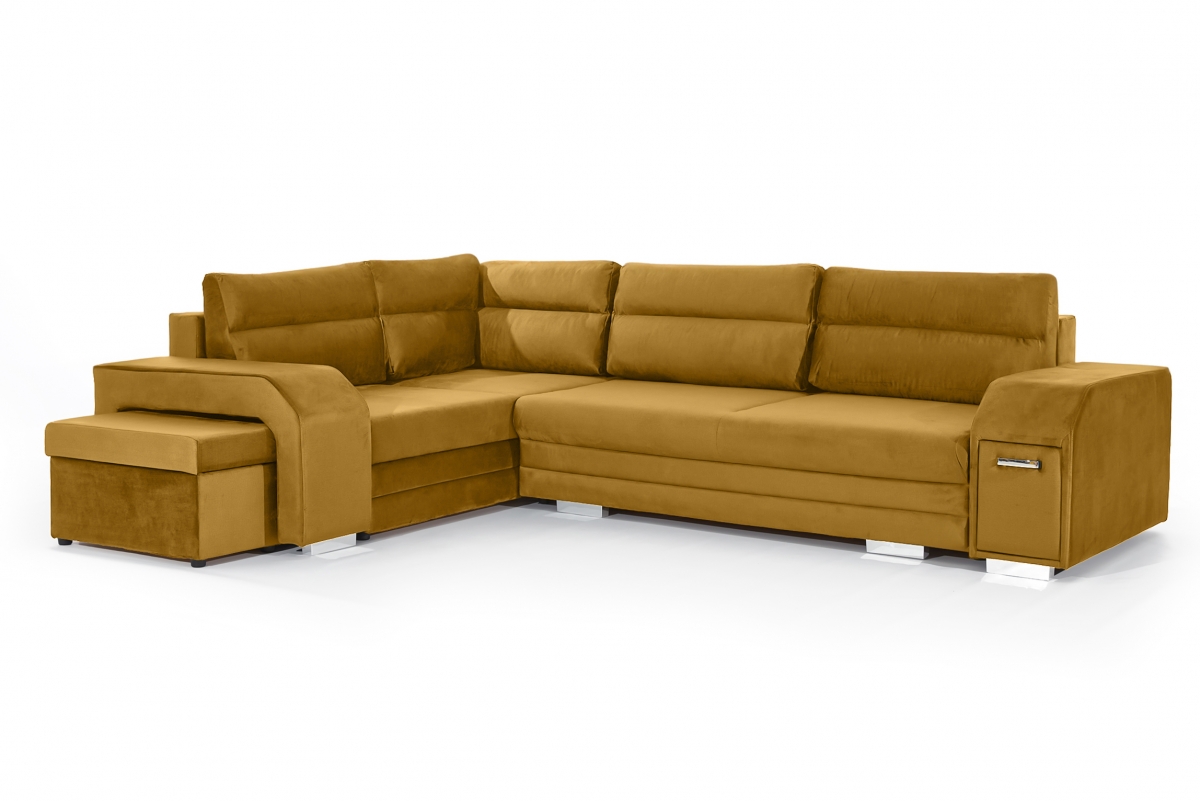 Rohová sedací souprava Umil levá s barem a taburetem - hořčicový samet Monolith 48 Rohová sedací souprava levá strana s barem i pufa Umil - hořčice samet hydrofobní  Monolith 48