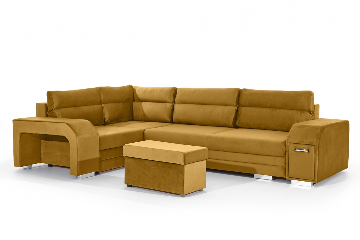 Rohová sedací souprava Umil levá s barem a taburetem - hořčicový samet Monolith 48 Rohová sedací souprava levá strana s barem i pufa Umil - hořčice samet hydrofobní  Monolith 48