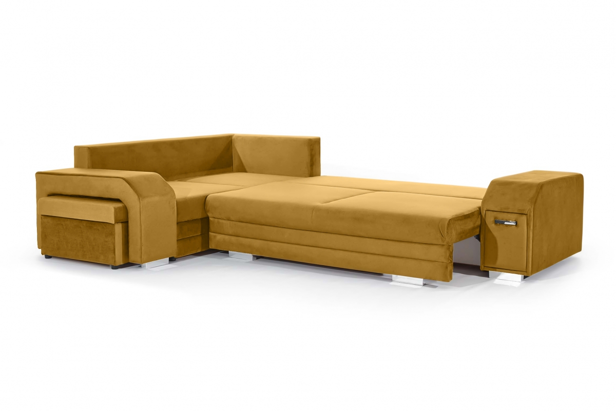 Rohová sedací souprava Umil levá s barem a taburetem - hořčicový samet Monolith 48 Rohová sedací souprava levá strana s barem i pufa Umil - hořčice samet hydrofobní  Monolith 48