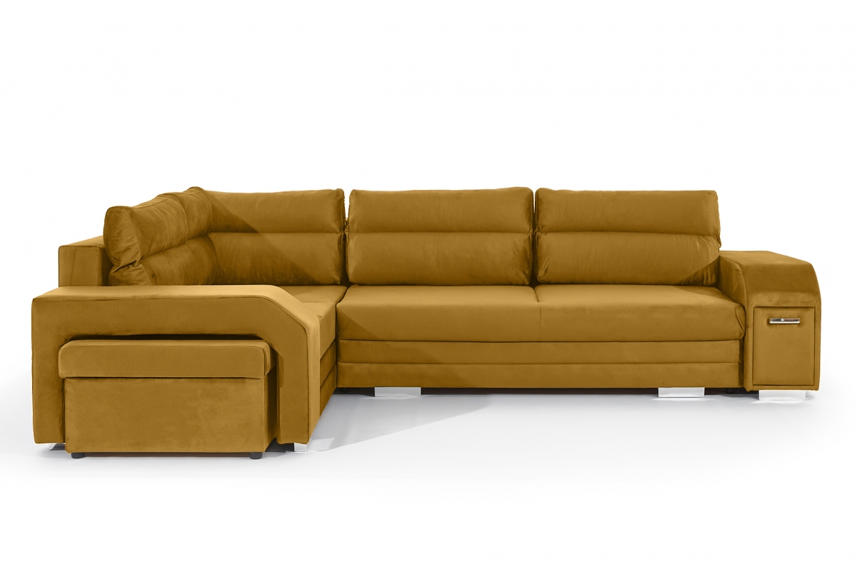 Rohová sedací souprava Umil levá s barem a taburetem - hořčicový samet Monolith 48 Rohová sedací souprava levá strana s barem i pufa Umil - hořčice samet hydrofobní  Monolith 48