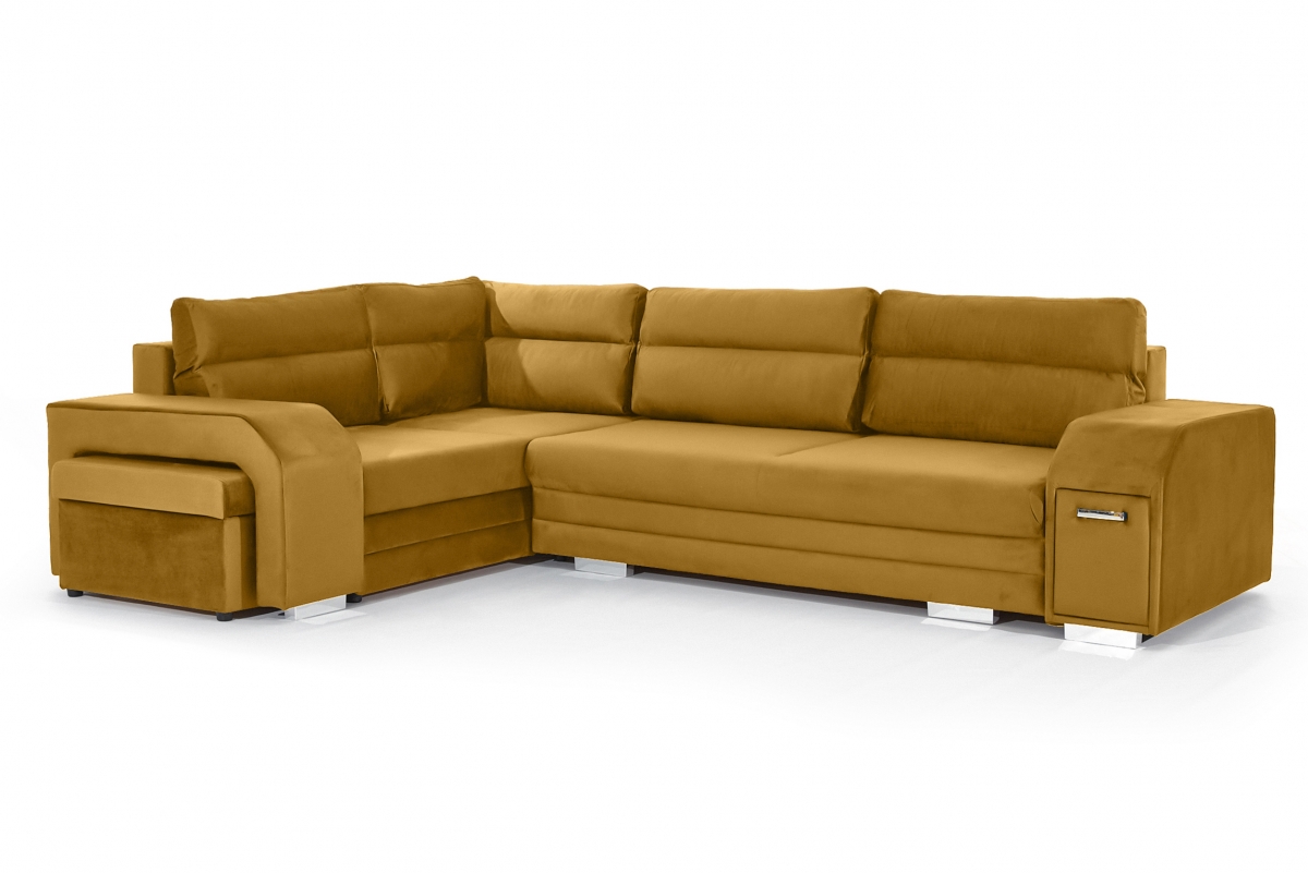 Rohová sedací souprava Umil levá s barem a taburetem - hořčicový samet Monolith 48 Rohová sedací souprava levá strana s barem i pufa Umil - hořčice samet hydrofobní  Monolith 48
