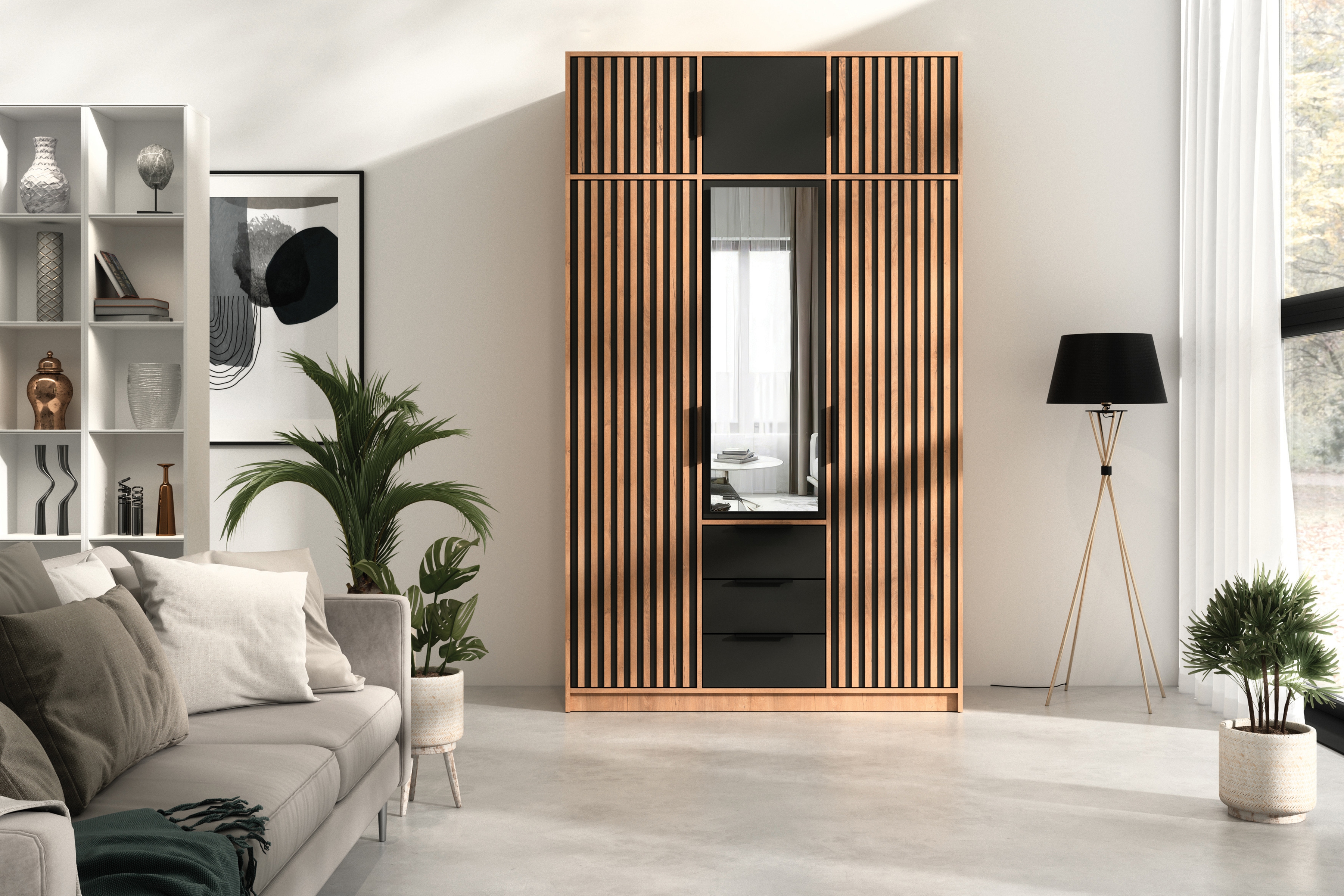 Nástavec na skříň Bali 149 cm - dub wotan / černá Nástavec pro Skříně Lutori z lamelami - dub wotan / černá