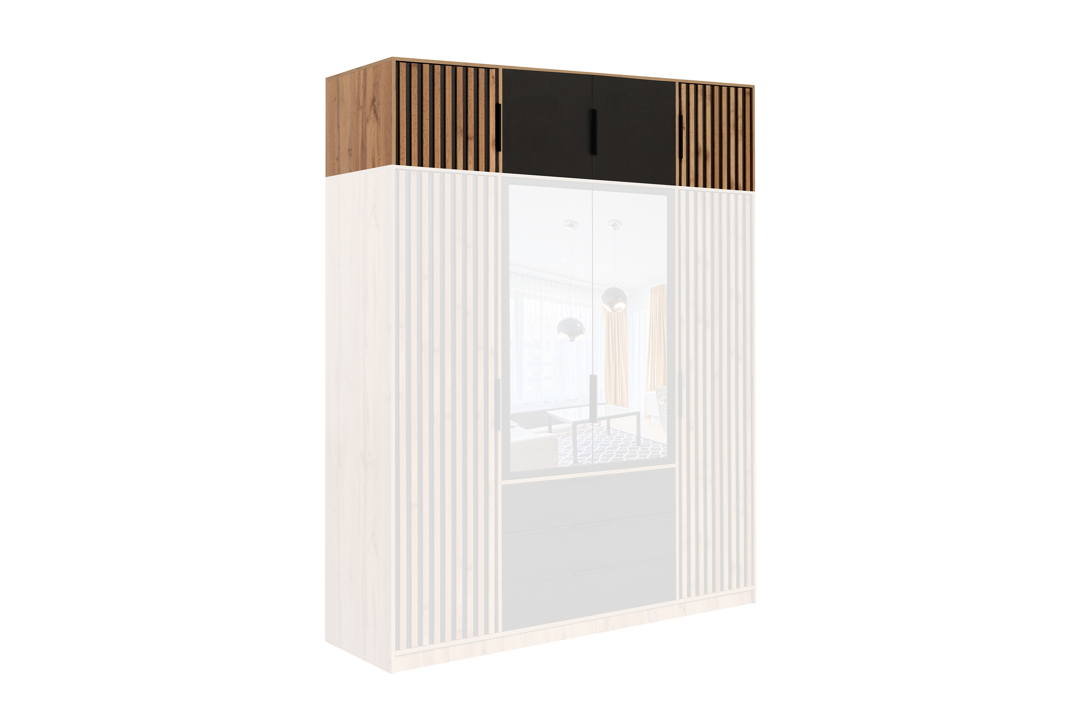 Nástavec na skříň Bali - 196 cm - dub wotan / černá Nástavec Lutori 196 cm pro Skříně z lamelami  - dub wotan / černá