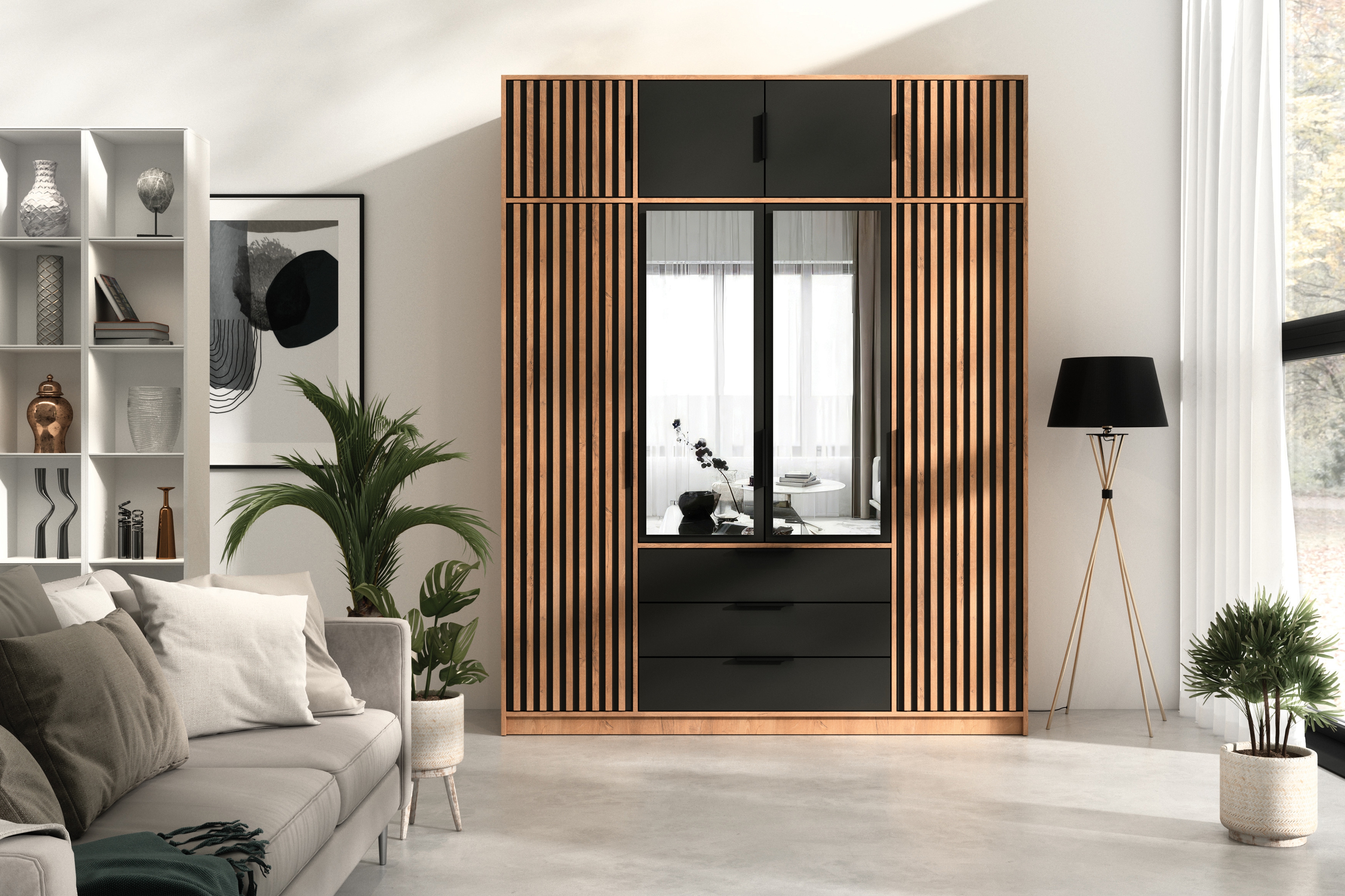 Nástavec na skříň Bali - 196 cm - dub wotan / černá Nástavec Lutori 196 cm pro Skříně z lamelami  - dub wotan / černá