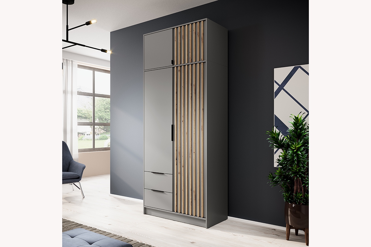 Nadstavec s lamelami do dvojdverovej skrine Neria - sivá / dub artisan Nadstavec s lamelami do dvojdverovej skrine Neria - sivá / dub artisan - sivá skriňa s nadstavcom