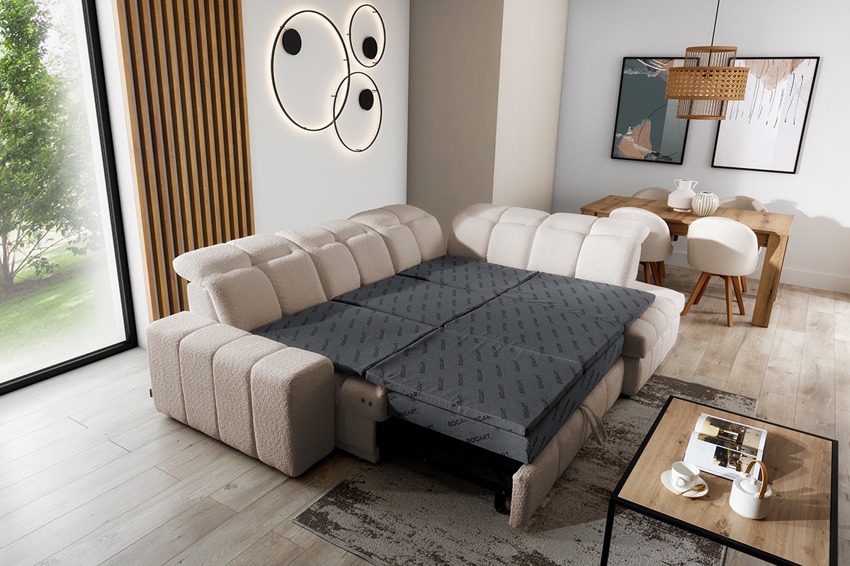 Elektrický rozkládací rohový gauč Magnelio L pravý - béžová bouclé Catch Me 2 Rohová sedací souprava pravá strana rozkládací z elektricky wysuwanym siedziskien Magnelio L - béžový Catch me 2