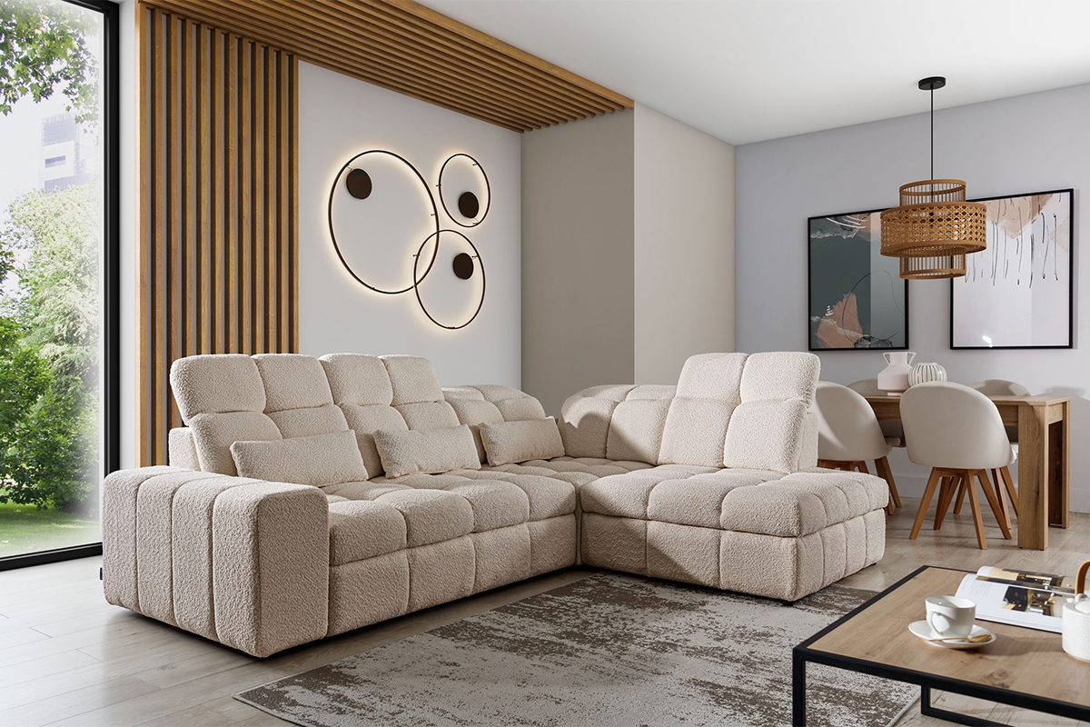 Elektrický rozkládací rohový gauč Magnelio L pravý - béžová bouclé Catch Me 2 Rohová sedací souprava pravá strana rozkládací z elektricky wysuwanym siedziskien Magnelio L - béžový Catch me 2 