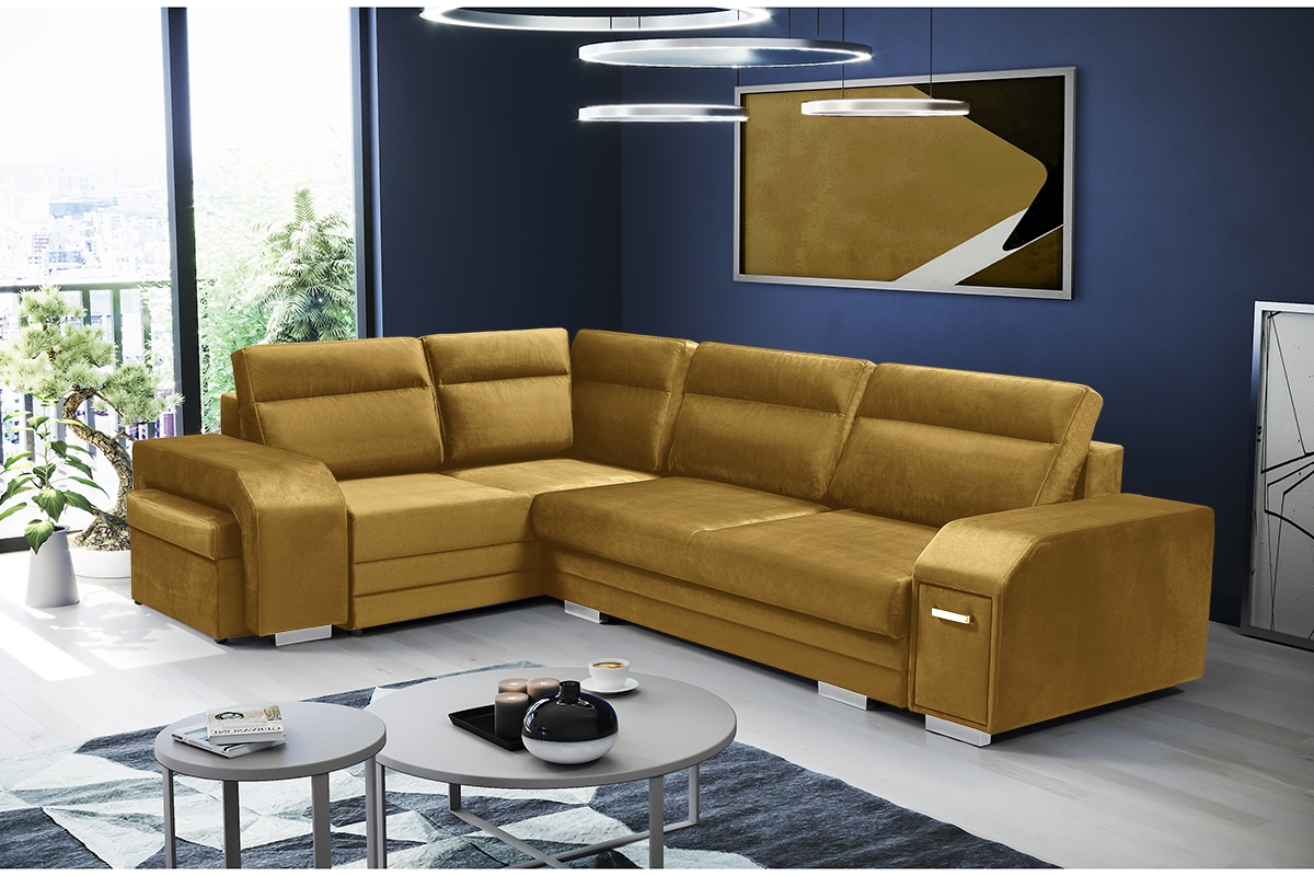 Rohová sedací souprava Umil levá s barem a taburetem - hořčicový samet Monolith 48 Rohová sedací souprava Umil