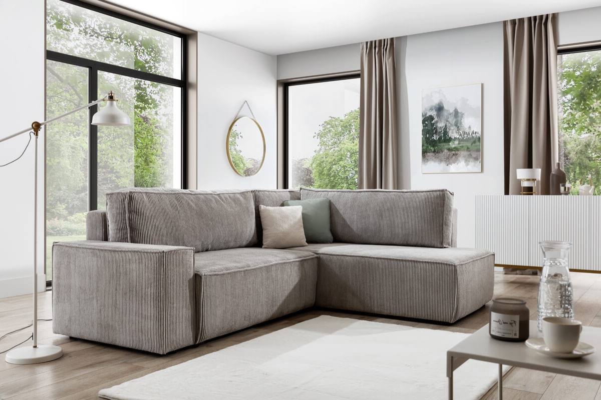 Rohová sedací souprava Flabio L pravá s funkcí spaní - béžový manšestr Lincoln 83 Rohová sedací souprava Flabio L aranzacja