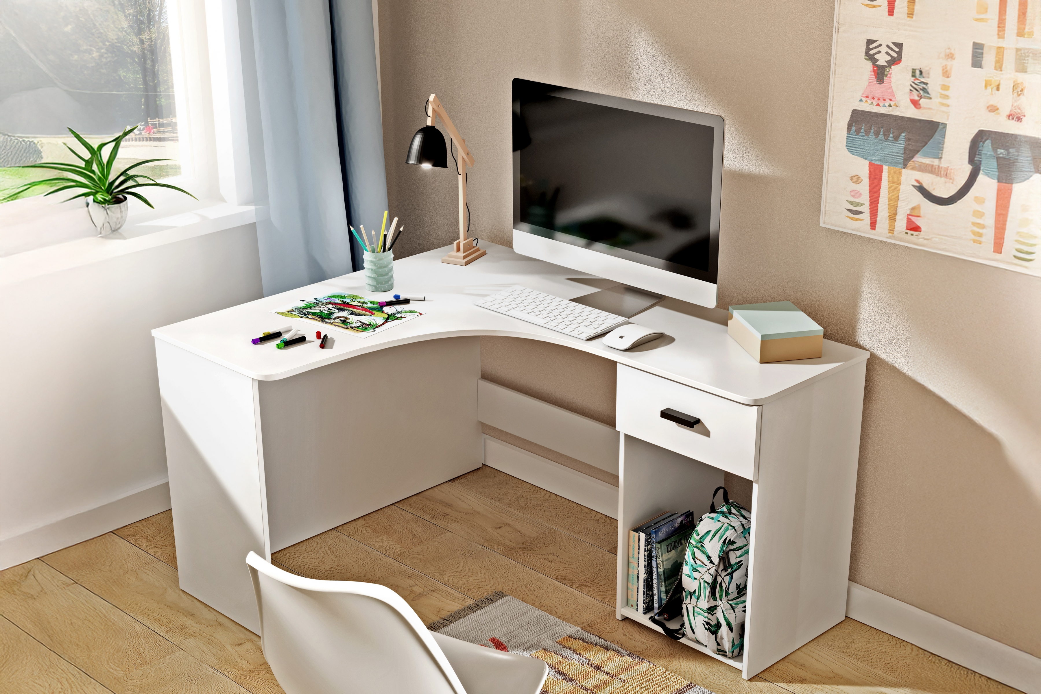 Rohový písací stôl Corner so zásuvkou a otvorenou policou - biely Narozne Písací stôl Corner z szuflada i wneka - Biely