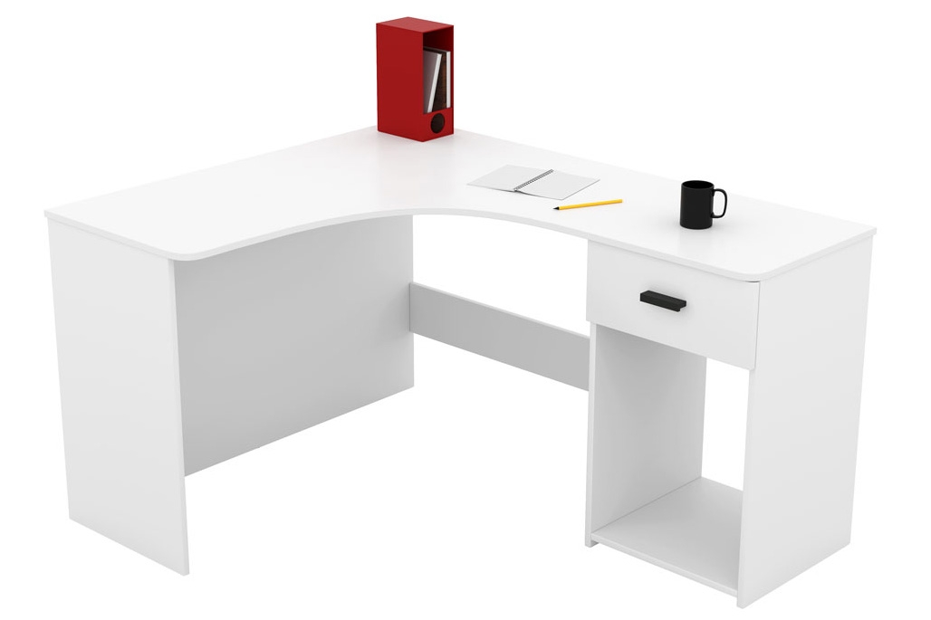 Rohový písací stôl Corner so zásuvkou a otvorenou policou - biely Narozne Písací stôl Corner z szuflada i wneka - Biely