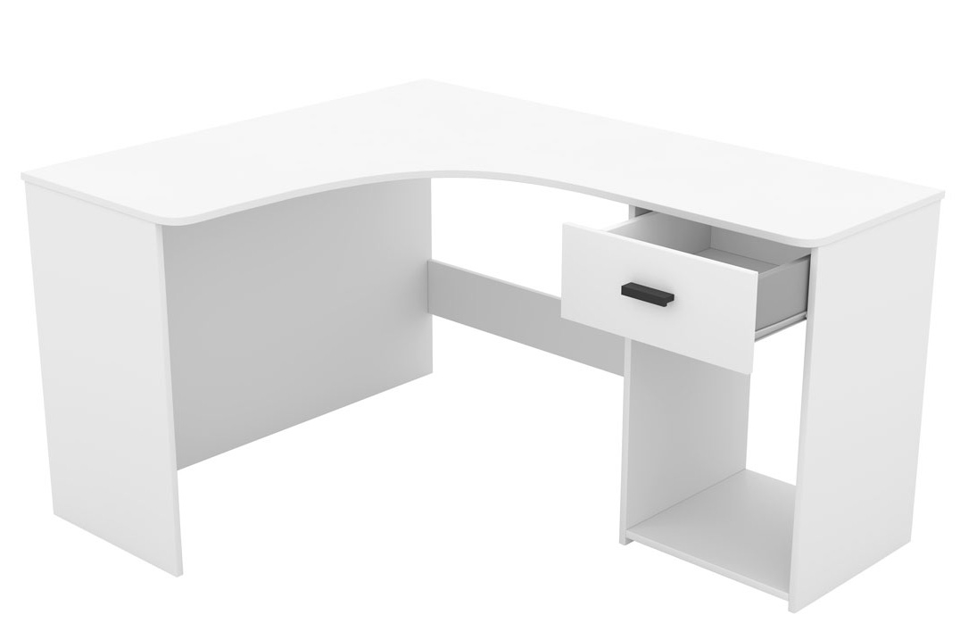 Rohový písací stôl Corner so zásuvkou a otvorenou policou - biely Narozne Písací stôl Corner z szuflada i wneka - Biely