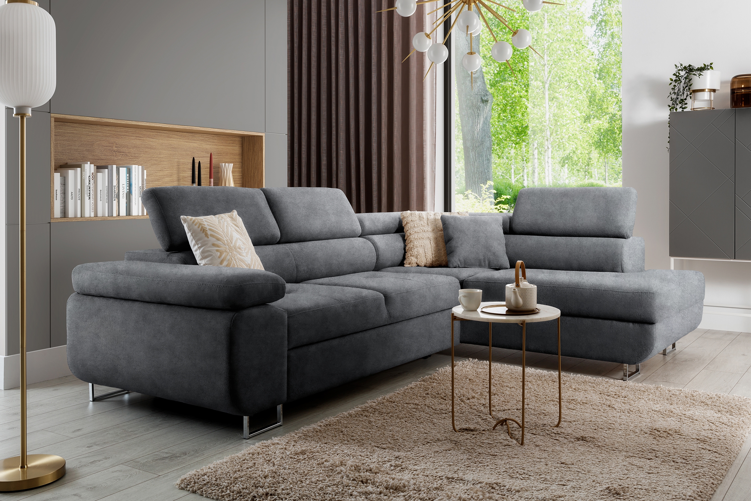 Rozkládací rohová sedací souprava Annabelle L pravá - grafitová Zetta 304 / chromované nožky Rohová sedací souprava Annabelle L pro obývacího pokoje pravá - grafitová samet hydrofobní  Zetta 304 / Nohy chromowane 