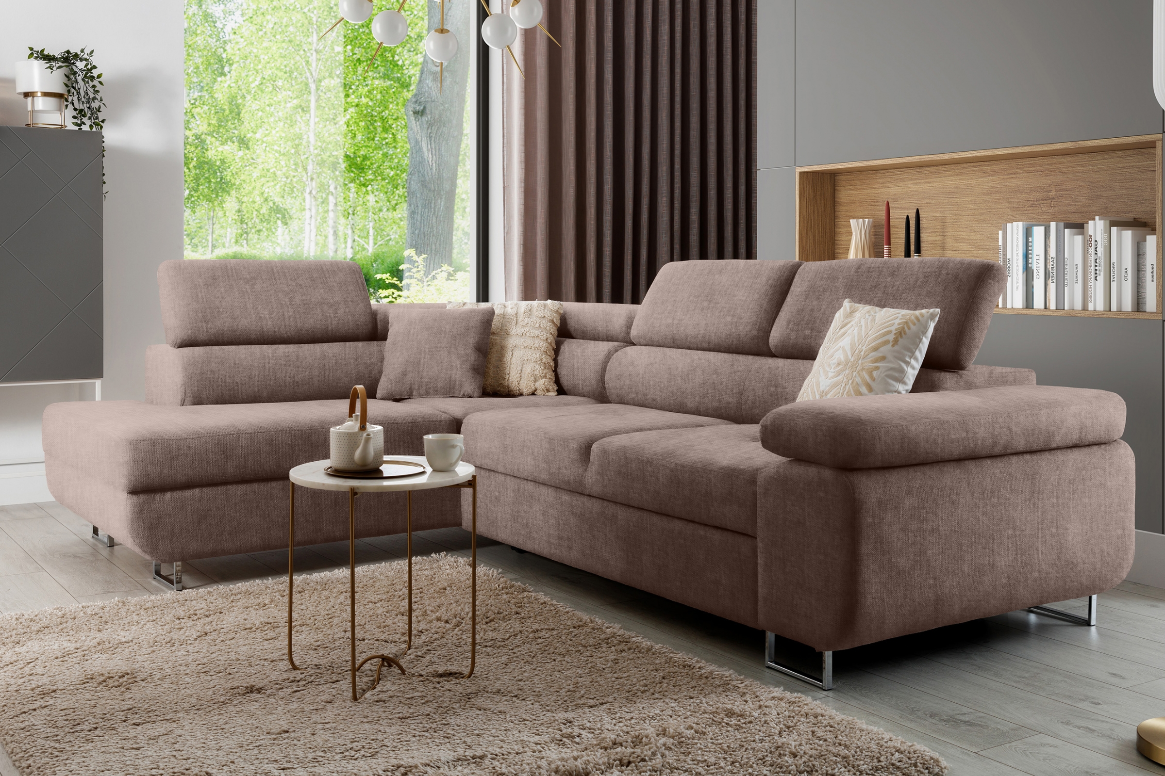 Rozkladacia rohová sedacia súprava Annabelle L ľavá - béžový hydrofóbny velúr Vogue 4 / chrómové nožičky Rohová sedacia súprava Annabelle L s funkciou spánku Ľavá strana - béžový velúr hydrofobowy Vogue 4 / nožičky chromowane 