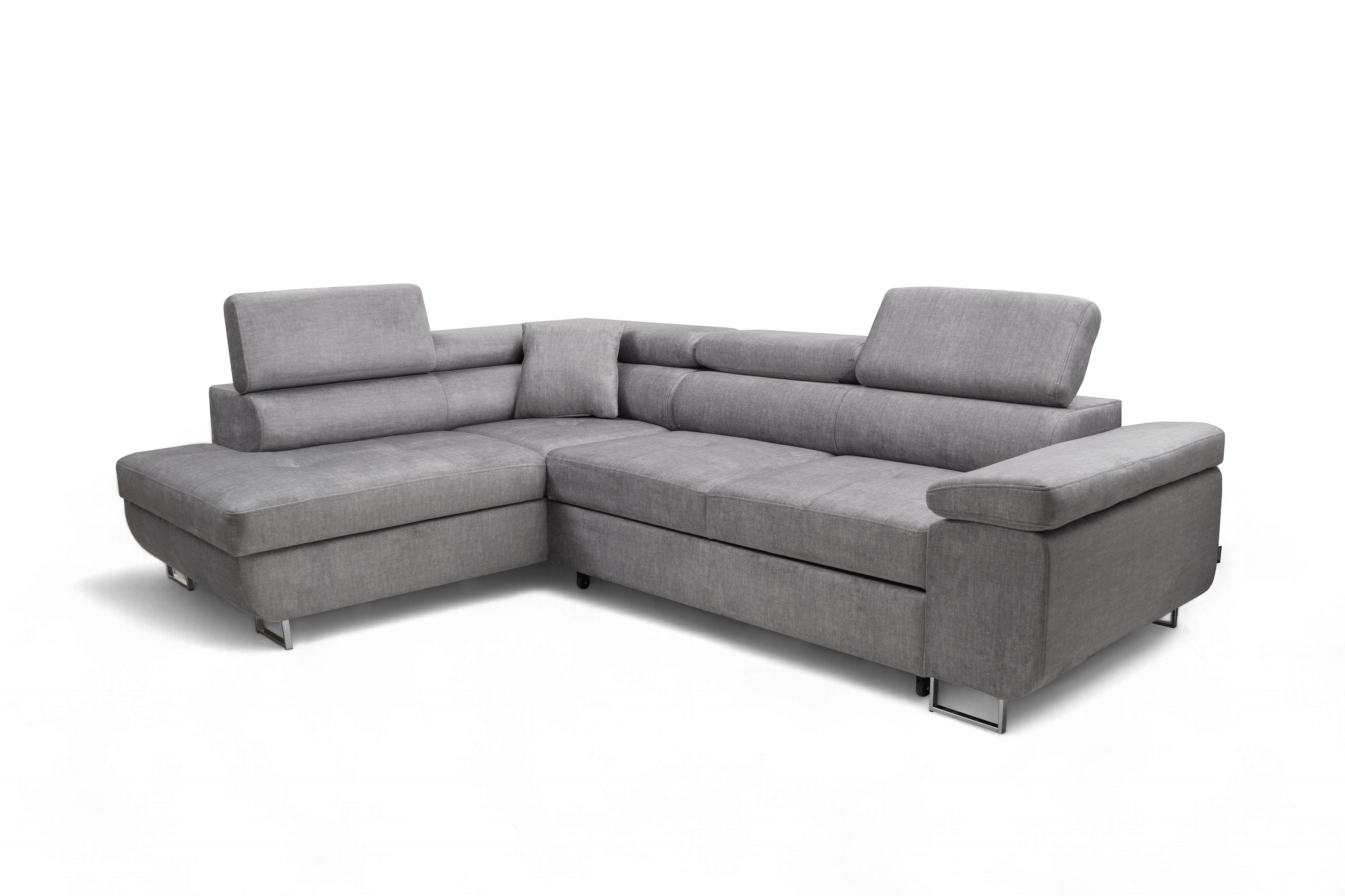 Rozkladacia rohová sedacia súprava Annabelle L ľavá - šedý velúr Vogue 14 / chrómové nožičky Rohová sedacia súprava Annabelle L s funkciou spánku Ľavá strana - šedý velúr Vogue 14 / nožičky chromowane 