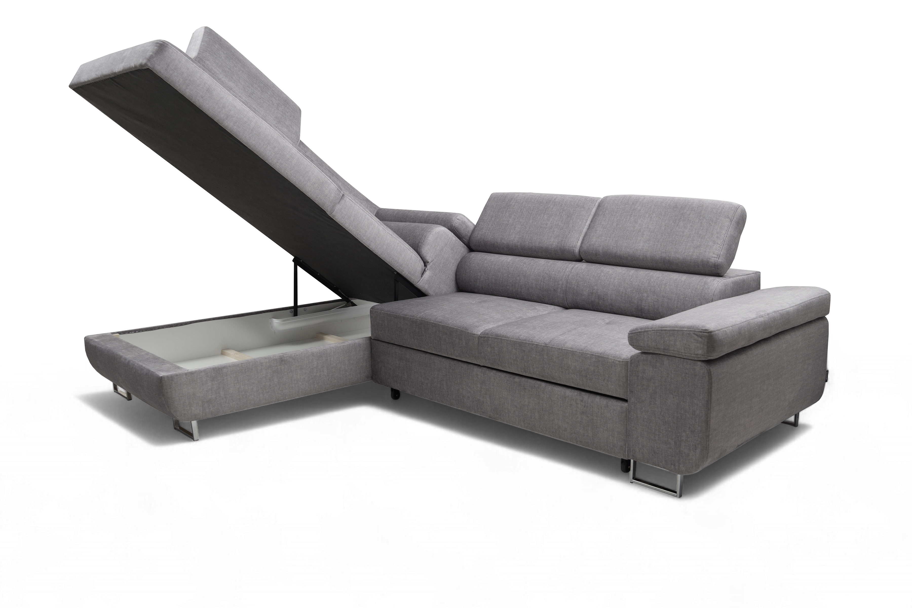 Rozkladacia rohová sedacia súprava Annabelle L ľavá - šedý velúr Vogue 14 / chrómové nožičky Rohová sedacia súprava Annabelle L s funkciou spánku Ľavá strana - šedý velúr Vogue 14 / nožičky chromowane 