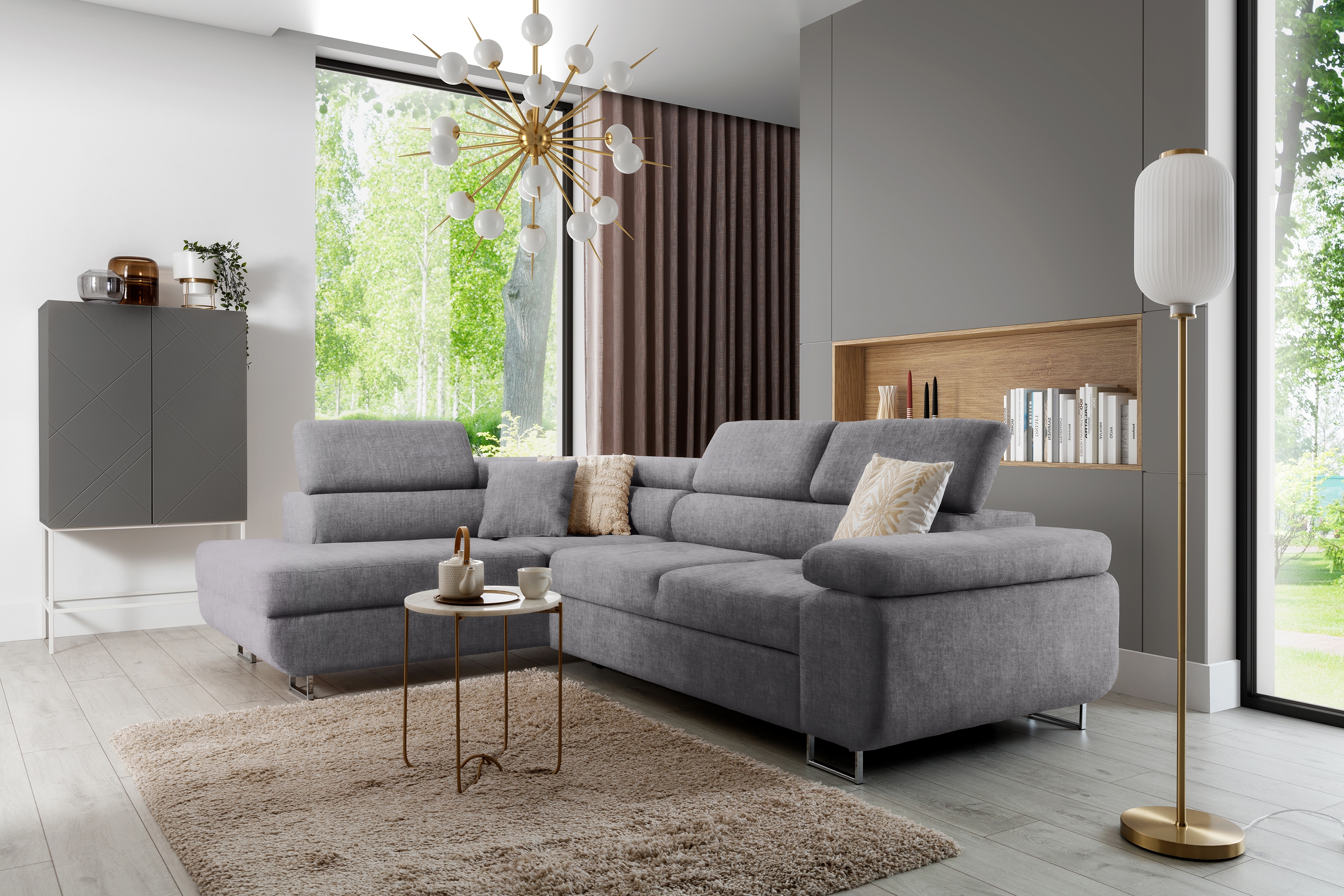 Rozkladacia rohová sedacia súprava Annabelle L ľavá - šedý velúr Vogue 14 / chrómové nožičky Rohová sedacia súprava Annabelle L s funkciou spánku Ľavá strana - šedý velúr Vogue 14 / nožičky chromowane 