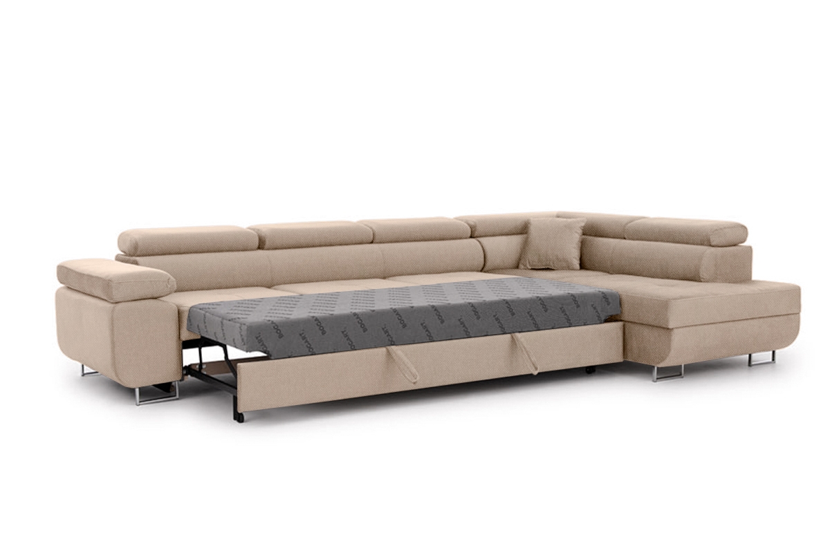 Rohová sedačka Annabelle Maxi pravá s funkcí spaní - béžová tkanina Hevia 207-03 / chromované nohy Rohová sedací souprava Annabelle Maxi rozkládací pravá - béžová plecionka Hevia 207-03 / Nohy chromowane 