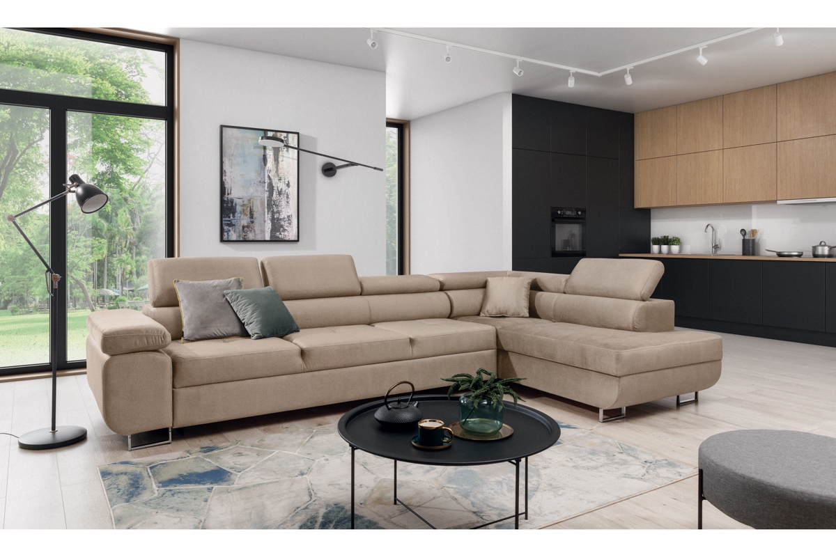 Rohová sedačka Annabelle Maxi pravá s funkcí spaní - béžová tkanina Hevia 207-03 / chromované nohy Rohová sedací souprava Annabelle Maxi rozkládací pravá - béžová plecionka Hevia 207-03 / Nohy chromowane 