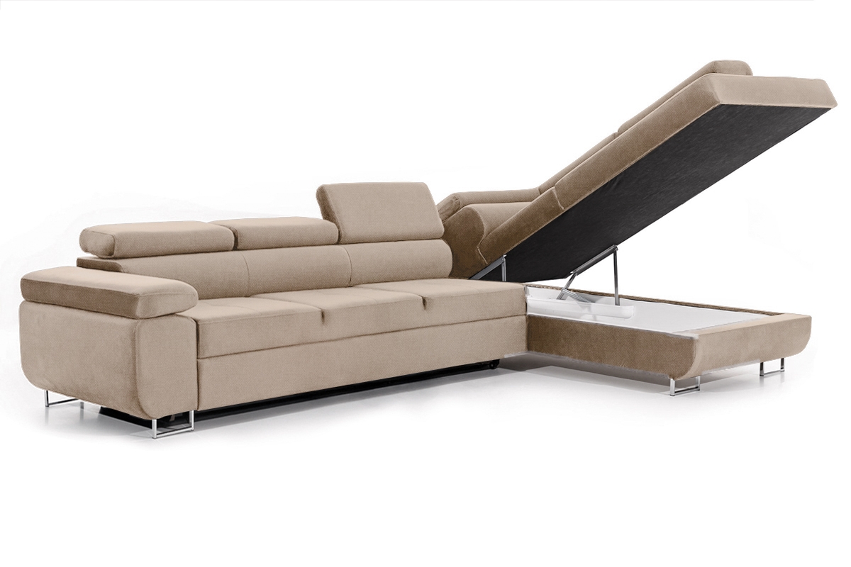 Rohová sedačka Annabelle Maxi pravá s funkcí spaní - béžová tkanina Hevia 207-03 / chromované nohy Rohová sedací souprava Annabelle Maxi rozkládací pravá - béžová plecionka Hevia 207-03 / Nohy chromowane 