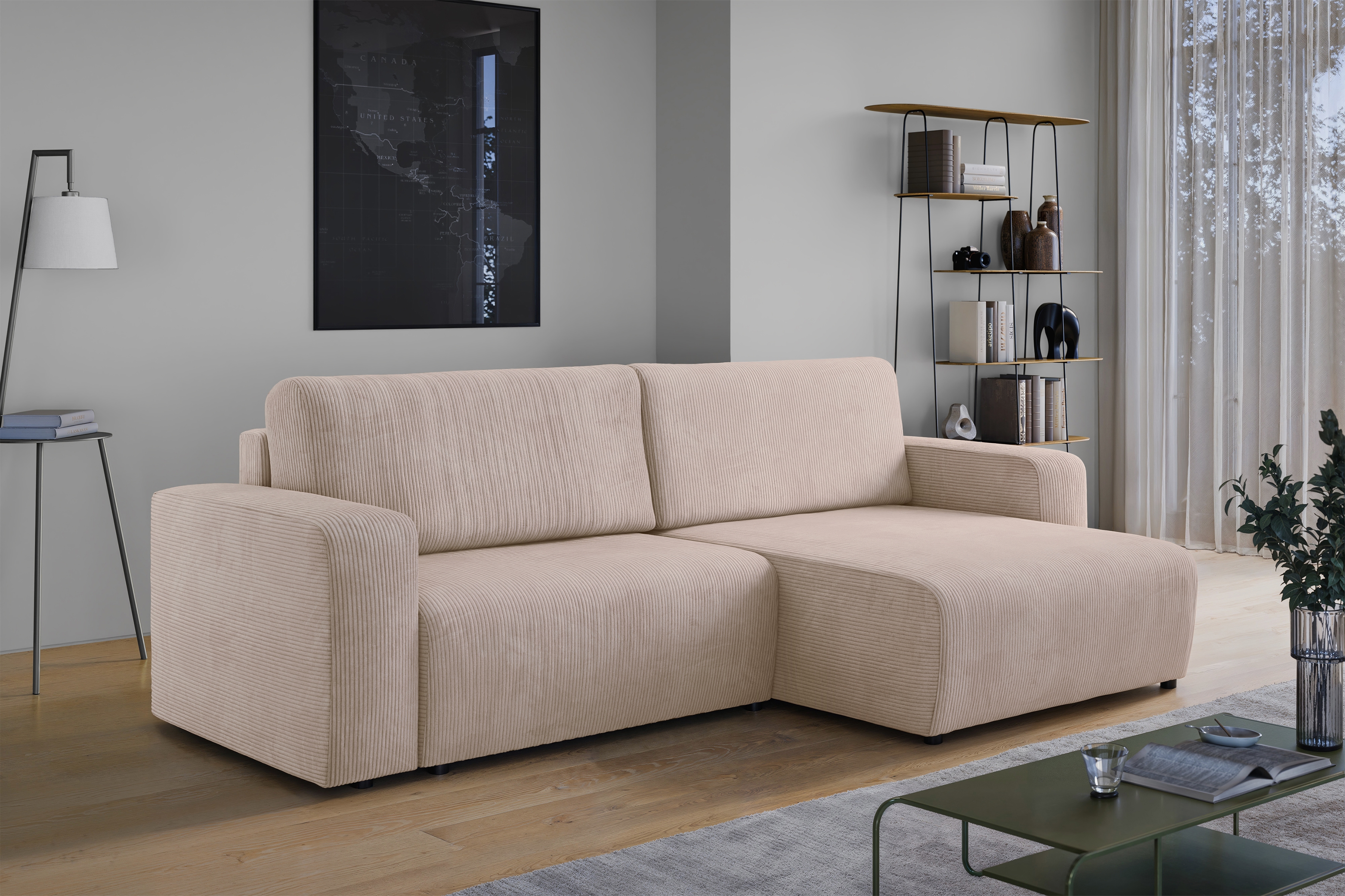 Rozkládací rohová sedací souprava Avia L - béžová Anafi 22 Rohová sedací souprava Avia L rozkládací uniwersalny prawo/levá - béžová manšestr Anafi 22