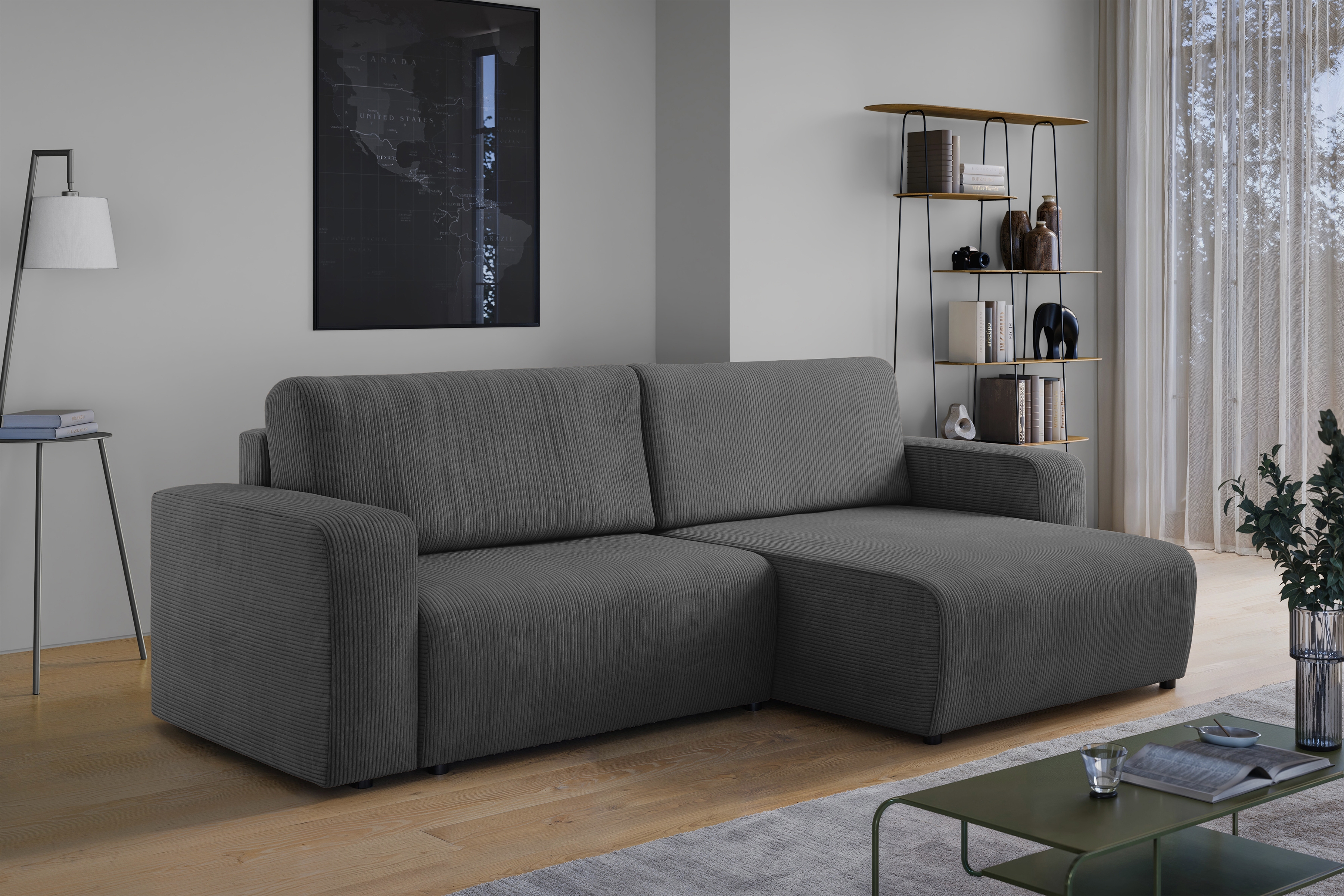 Rozkládací rohová sedací souprava Avia L - šedá Lincoln 90 Rohová sedací souprava Avia L rozkládací uniwersalny prawo/levá - šedá manšestr Lincoln 90