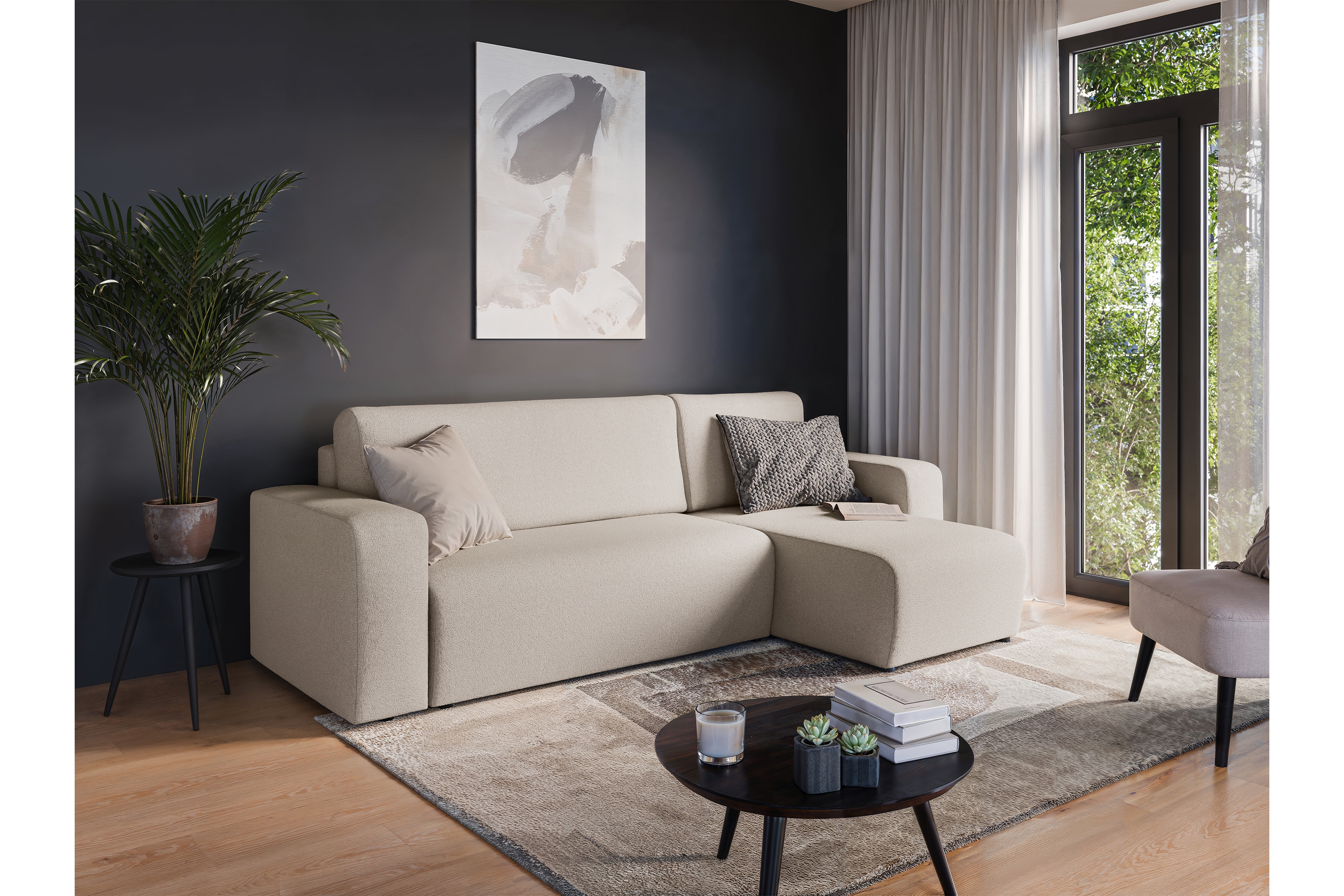 Rozkladacia rohová sedacia súprava Avia Mini univerzálna - béžové buklé Gerra 105 Rohová sedacia súprava Avia Mini s funkciou spánku uniwersalny prawo/Ľavá strana - Béžová boucle Gerra 105