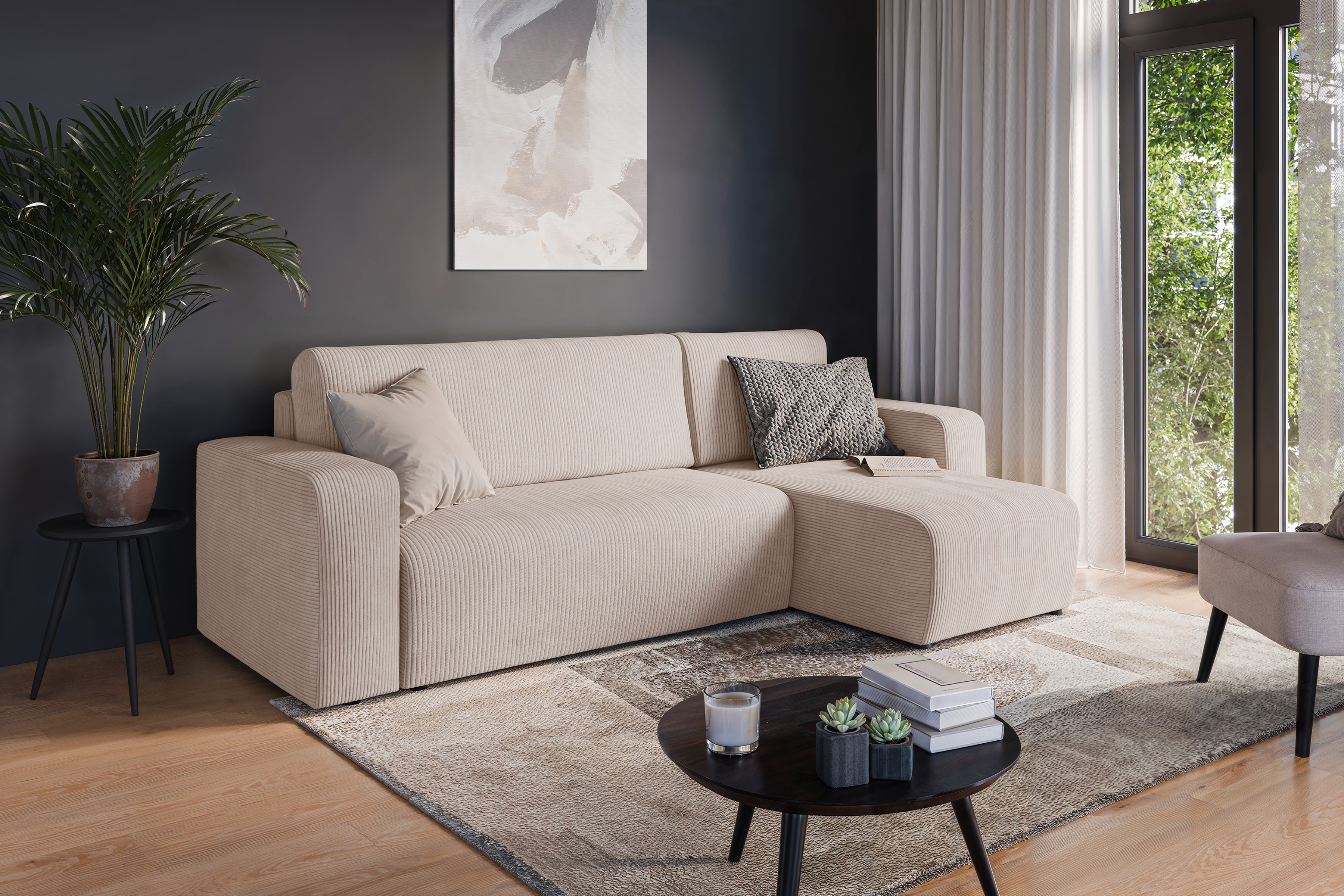 Rozkladacia rohová sedacia súprava Avia Mini univerzálna - béžový menčester Anafi 22 Rohová sedacia súprava Avia Mini s funkciou spánku uniwersalny prawo/Ľavá strana - béžový MENČESTER Anafi 22 