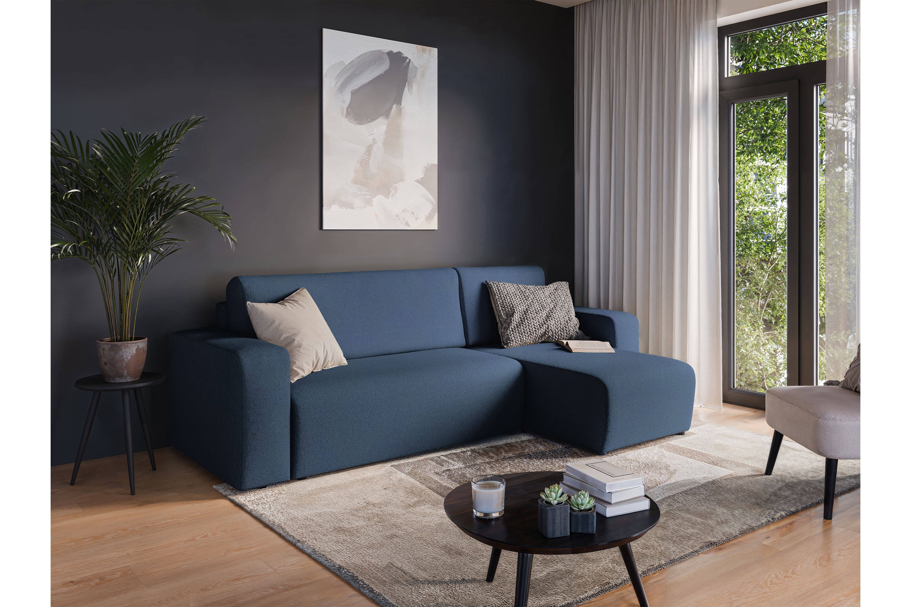 Rozkládací rohová sedací souprava Avia Mini - tmavě modrá Gerra 125 Rohová sedací souprava Avia Mini rozkládací uniwersalny prawo/levá - tmavě modrá boucle Gerra 125