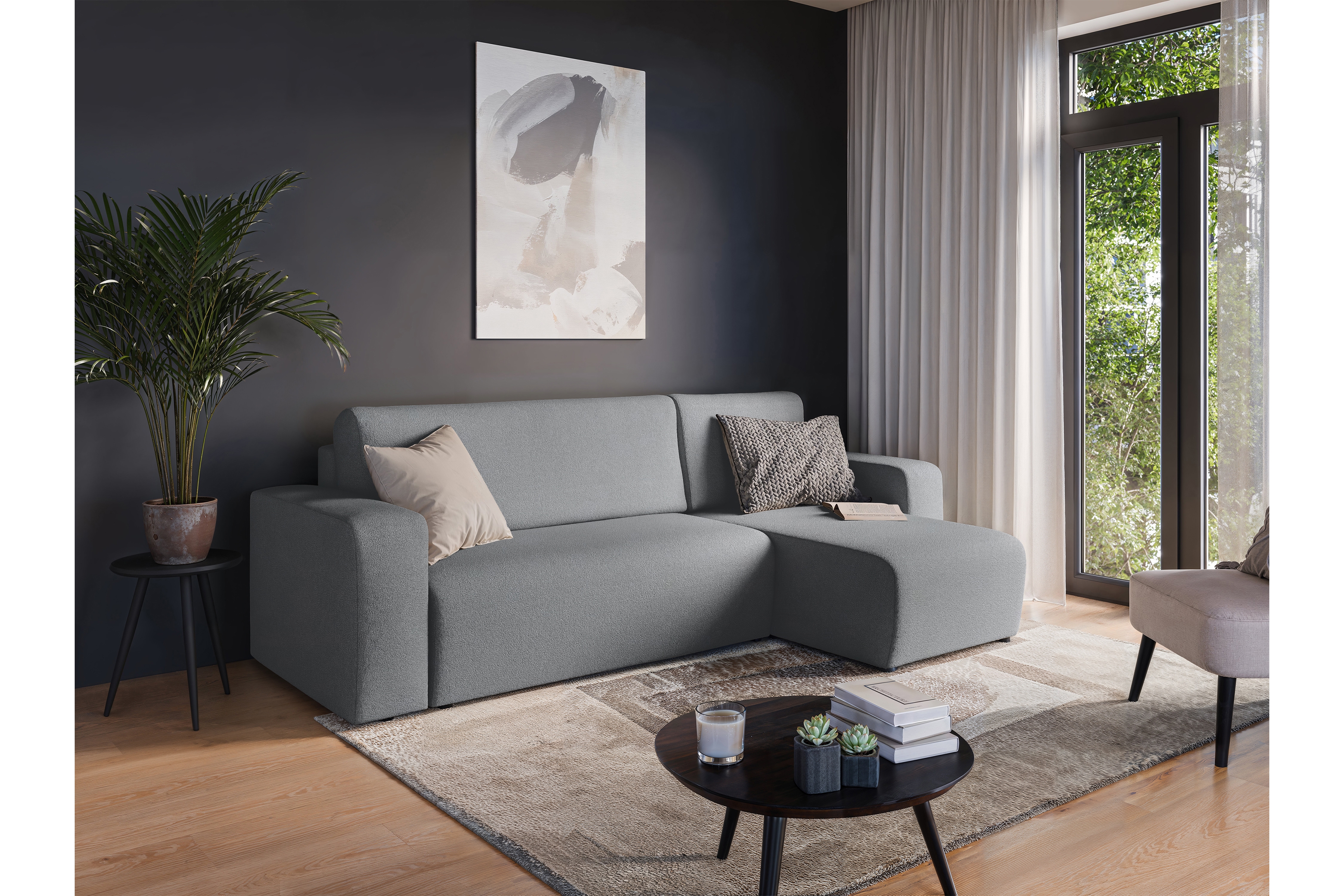 Rozkladacia rohová sedacia súprava Avia Mini univerzálna - sivé buklé Gerra 70 Rohová sedacia súprava Avia Mini s funkciou spánku uniwersalny prawo/Ľavá strana - šedá boucle Gerra 70