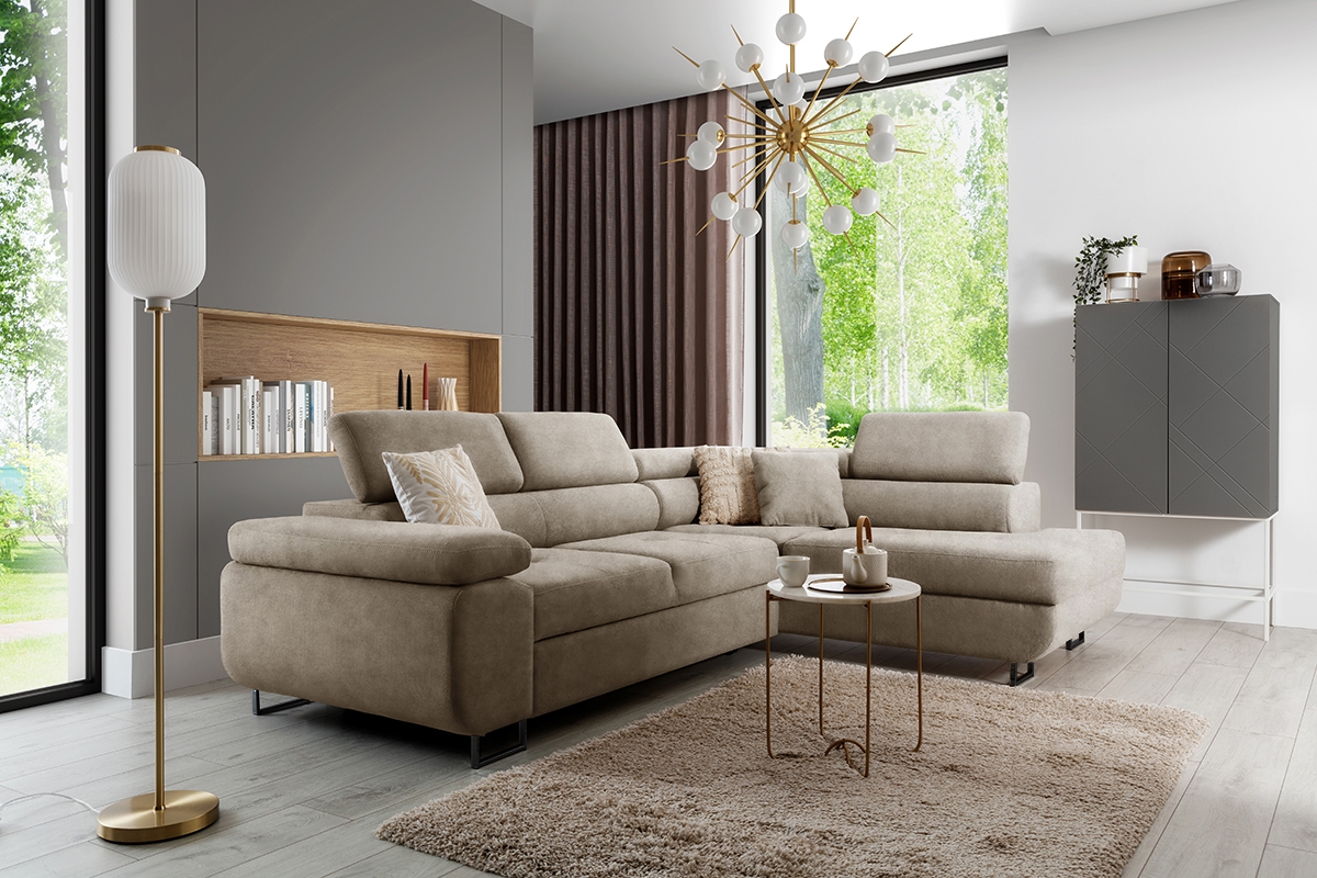 Rozkladacia rohová sedacia súprava Annabelle L pravá - béžový velúr Zetta 291 / čierne nožičky Rohová sedacia súprava do obývacej izby Annabelle L pravá strana - béžový zamat hydrofobowy Zetta 291 / nožičky čierny