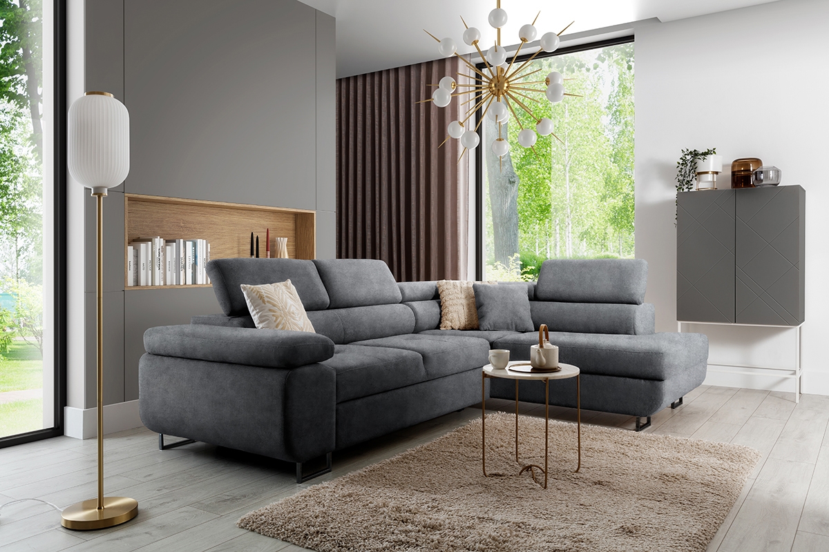 Rozkladacia rohová sedacia súprava Annabelle L pravá - grafitový zamat Zetta 304 / čierne nožičky Rohová sedacia súprava do obývacej izby Annabelle L pravá strana - Grafitový zamat hydrofobowy Zetta 304 / nožičky čierny