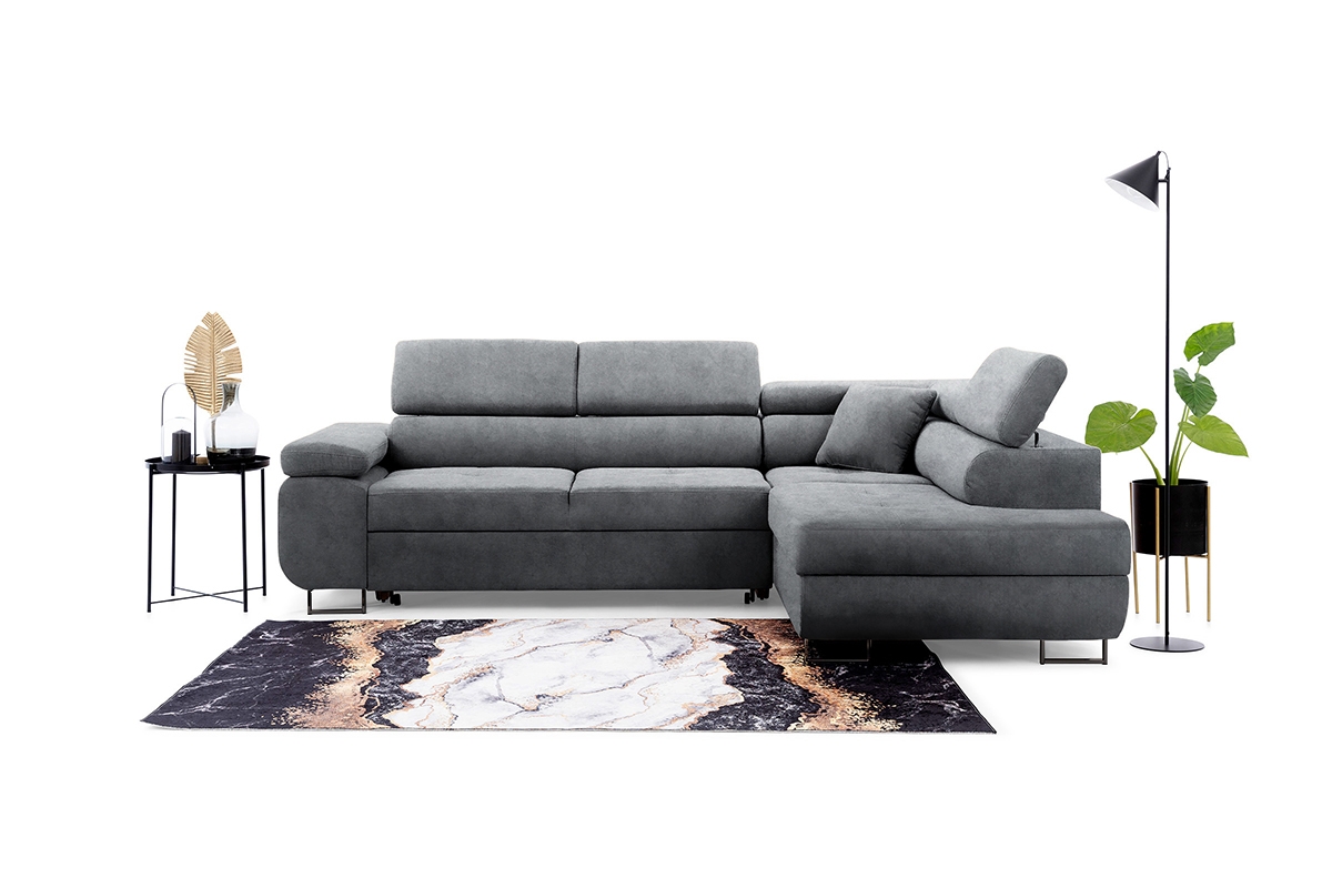 Rozkladacia rohová sedacia súprava Annabelle L pravá - grafitový zamat Zetta 304 / čierne nožičky Rohová sedacia súprava do obývacej izby Annabelle L pravá strana - Grafitový zamat hydrofobowy Zetta 304 / nožičky čierny