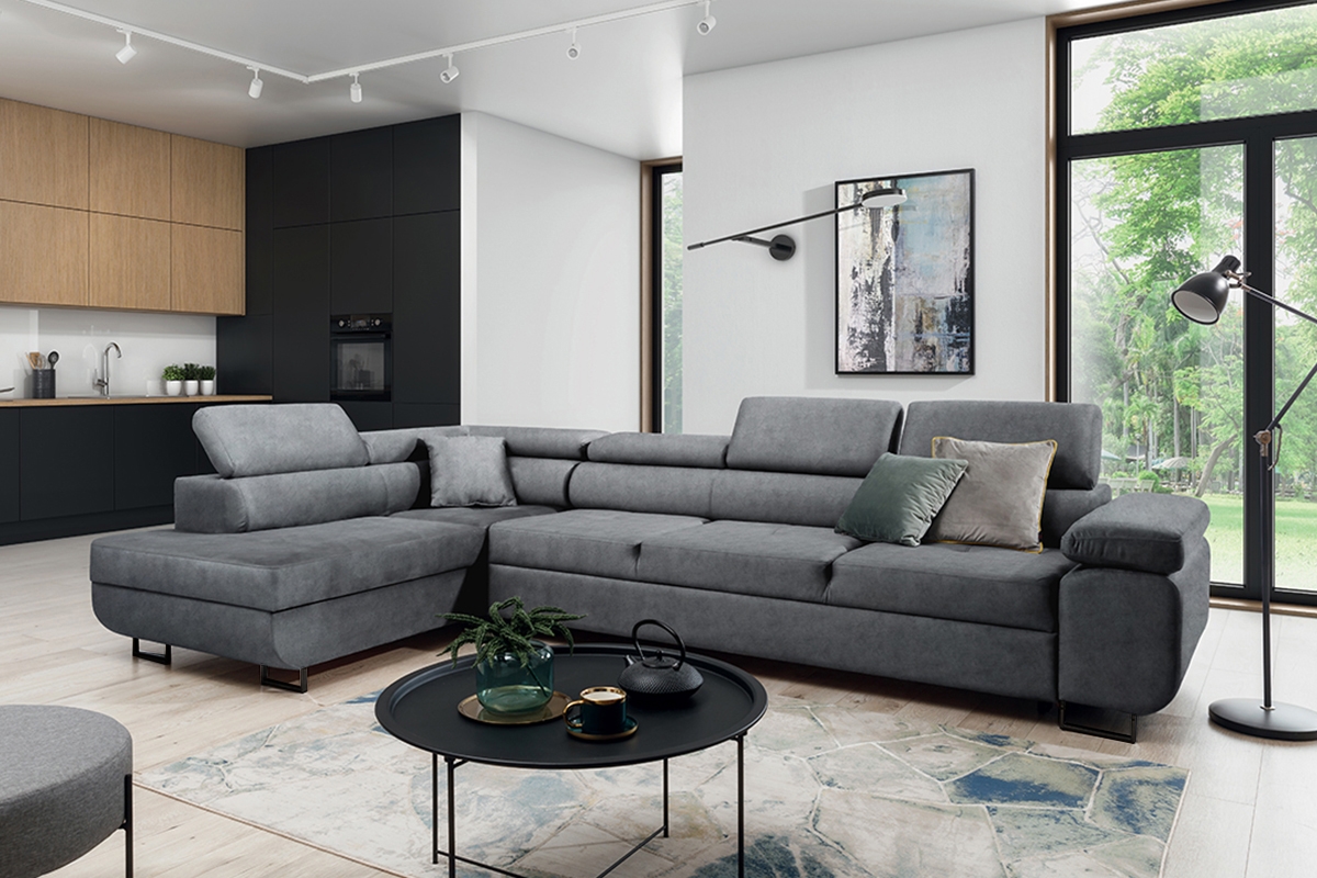 Rozkladacia rohová sedacia súprava Annabelle Maxi ľavá - grafitový ľahkočistiaci zamat Zetta 304 / čierne nožičky Rohová sedacia súprava do obývacej izby Annabelle Maxi Ľavá strana - Grafitový zamat ľahkočistiaci Zetta 304 / nožičky čierny