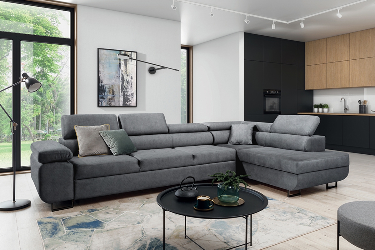 Rozkladacia rohová sedacia súprava Annabelle Maxi pravá - grafitový ľahkočistiaci zamat Zetta 304 / čierne nožičky Rohová sedacia súprava do obývacej izby Annabelle Maxi Ľavá strana - Grafitový zamat ľahkočistiaci Zetta 304 / nožičky čierny