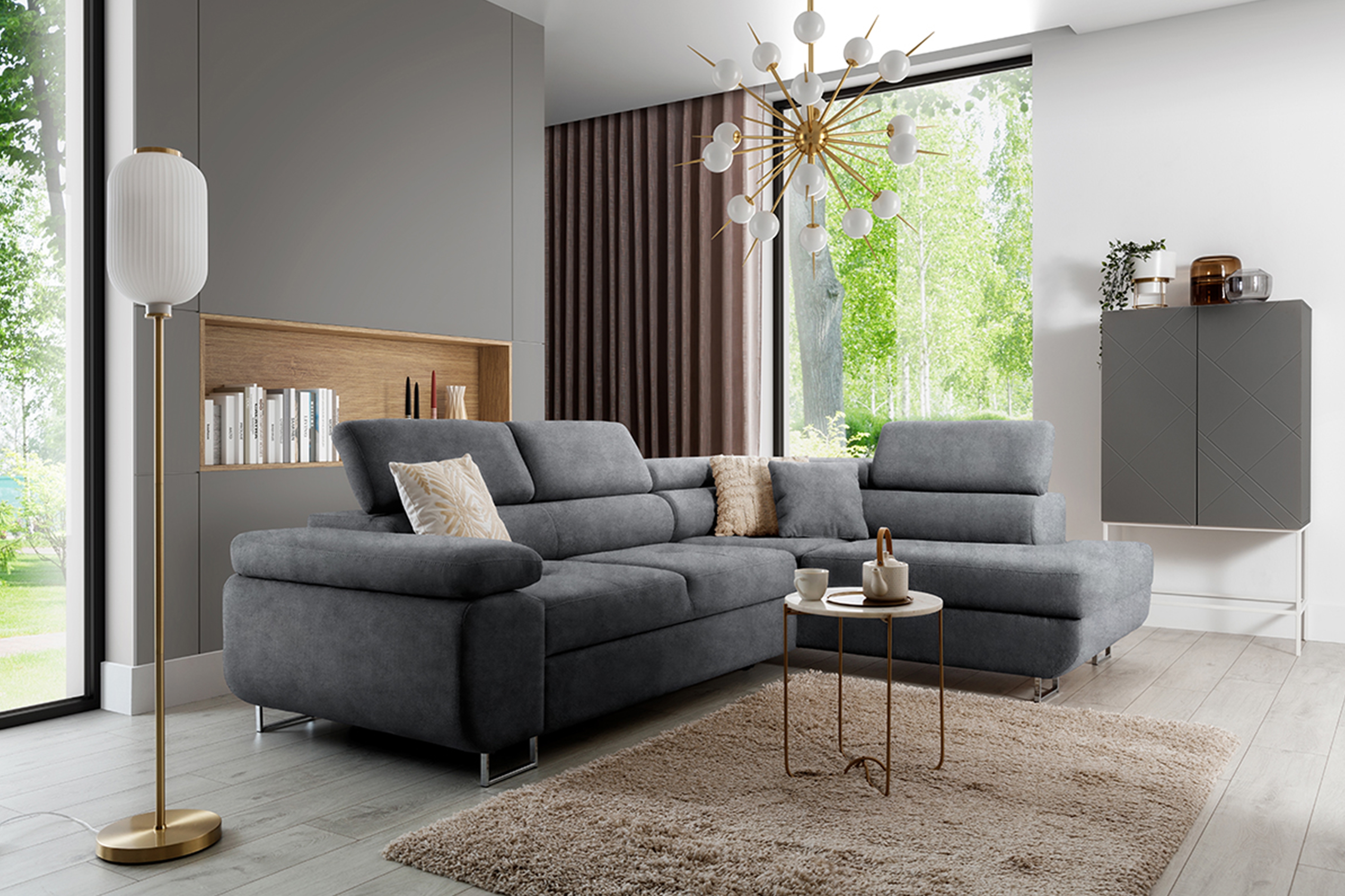 Rozkládací rohová sedací souprava Annabelle L pravá - grafitová Zetta 304 / chromované nožky Rohová sedací souprava do obývacího pokoje Annabelle pravá - grafitová samet hydrofobní  Zetta 304