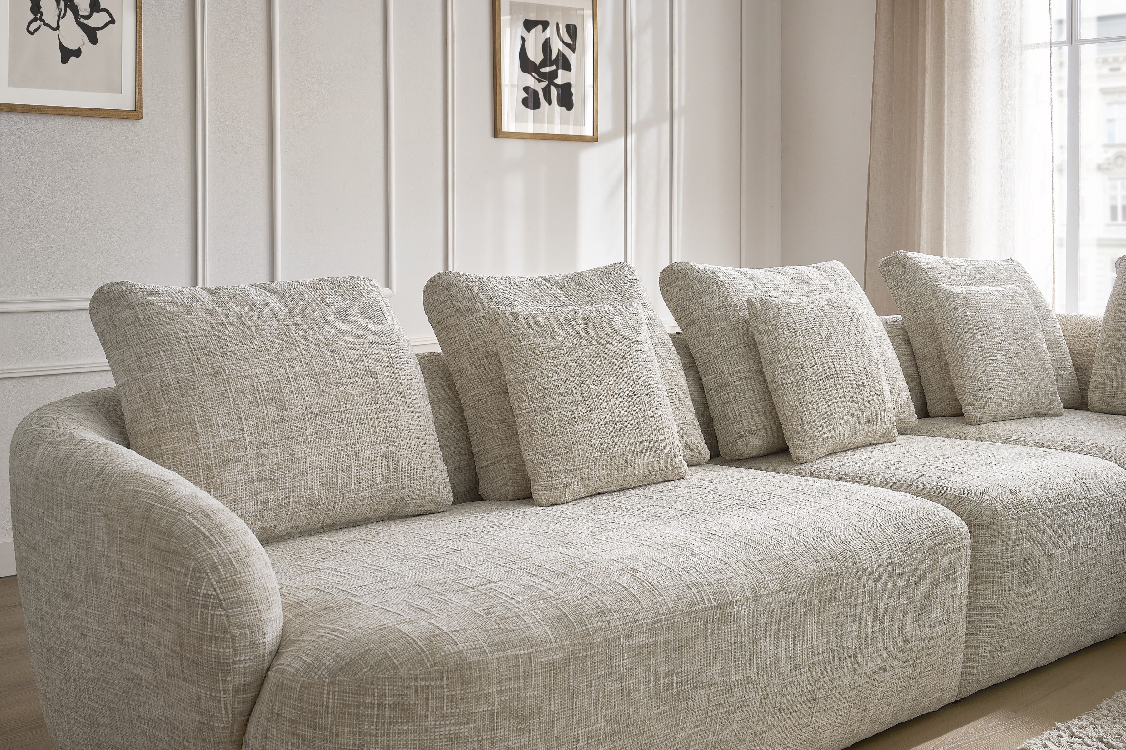 Rohová sedací souprava Finezal 2L+S+OTZP - béžová tkanina Tracy 211-04 Rohová sedací souprava pro obývacího pokoje Finezal 2L+S+OTZP - béžová plecionka Tracy 211-04