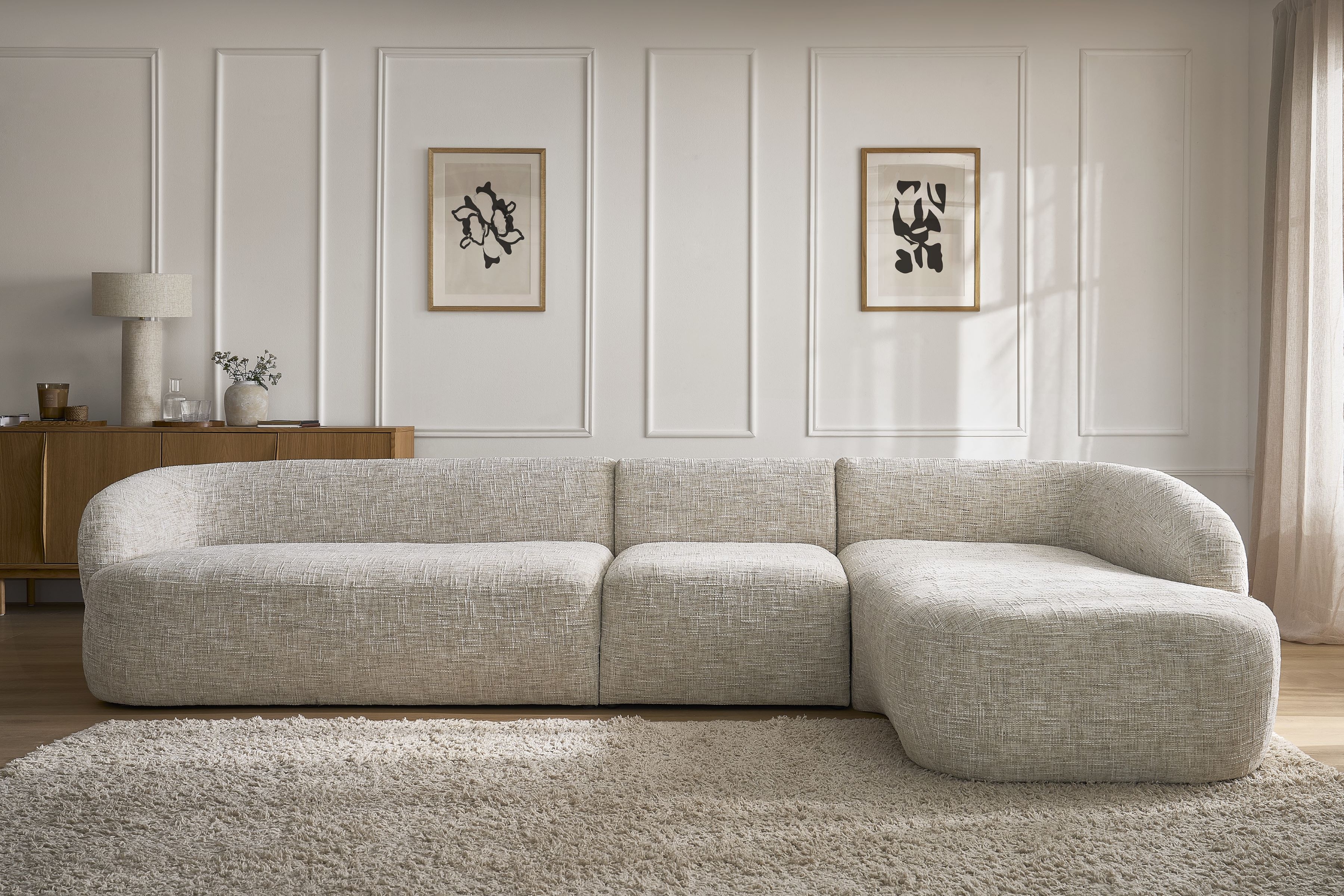 Rohová sedací souprava Finezal 2L+S+OTZP - béžová tkanina Tracy 211-04 Rohová sedací souprava pro obývacího pokoje Finezal 2L+S+OTZP - béžová plecionka Tracy 211-04