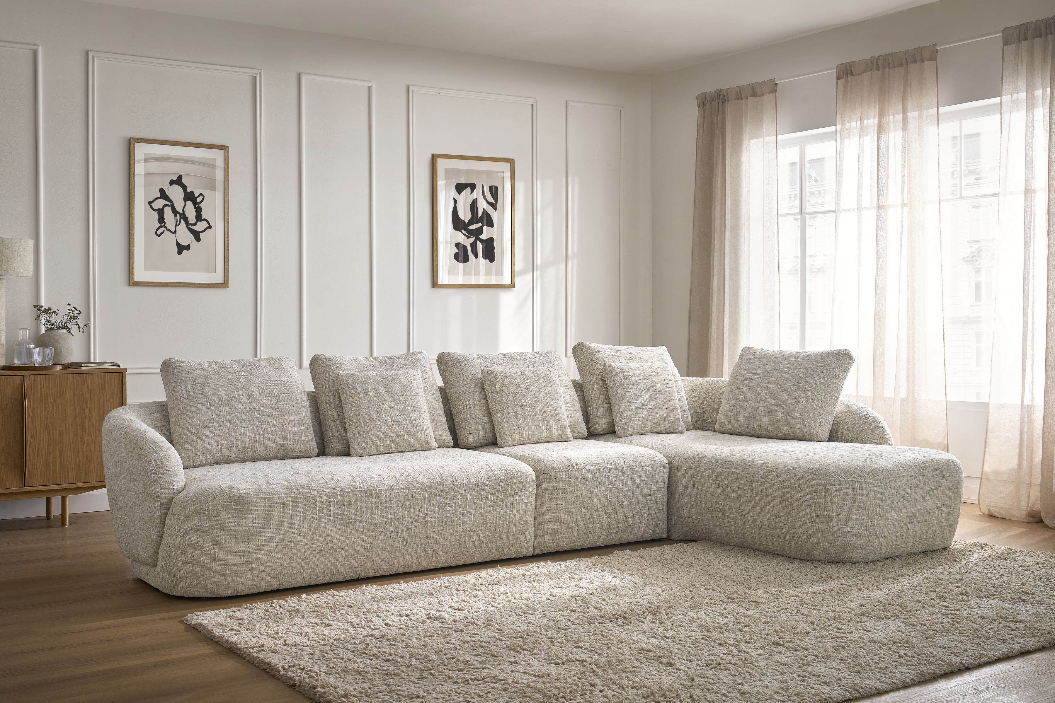 Rohová sedací souprava Finezal 2L+S+OTZP - béžová tkanina Tracy 211-04 Rohová sedací souprava pro obývacího pokoje Finezal 2L+S+OTZP - béžová plecionka Tracy 211-04