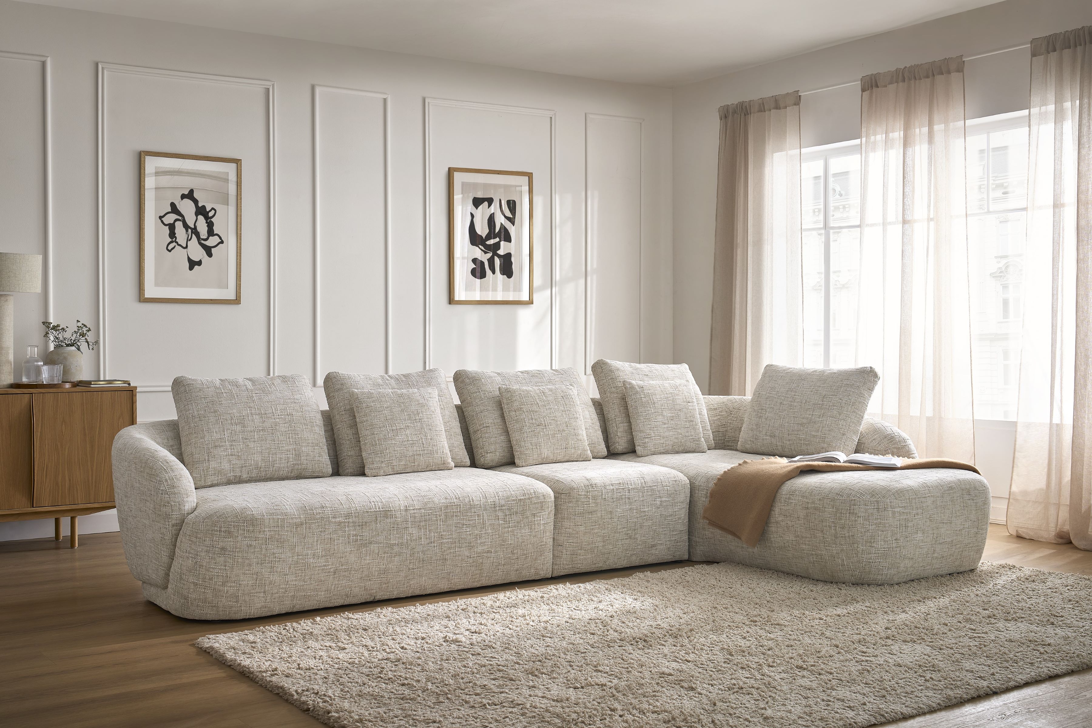 Rohová sedací souprava Finezal 2L+S+OTZP - béžová tkanina Tracy 211-04 Rohová sedací souprava pro obývacího pokoje Finezal 2L+S+OTZP - béžová plecionka Tracy 211-04