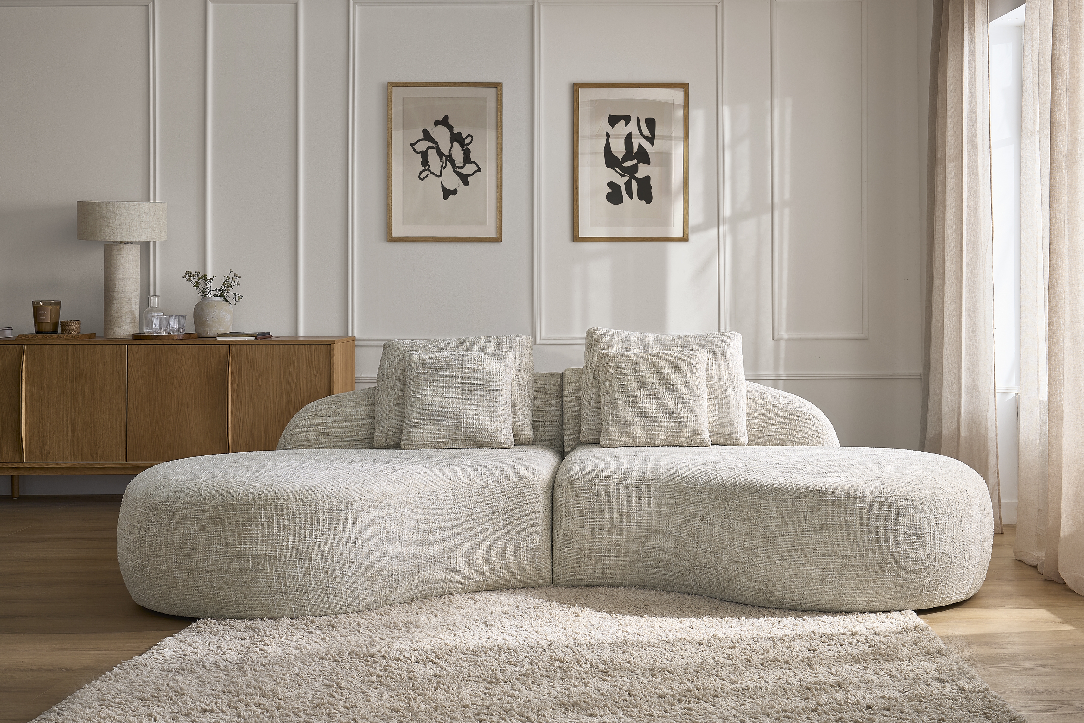 Rohová sedačka do obýváku Finezal OTL+OTP - béžová tkanina Tracy 211-04 Rohová sedací souprava pro obývacího pokoje Finezal OTL+OTP - béžová plecionka Tracy 211-04