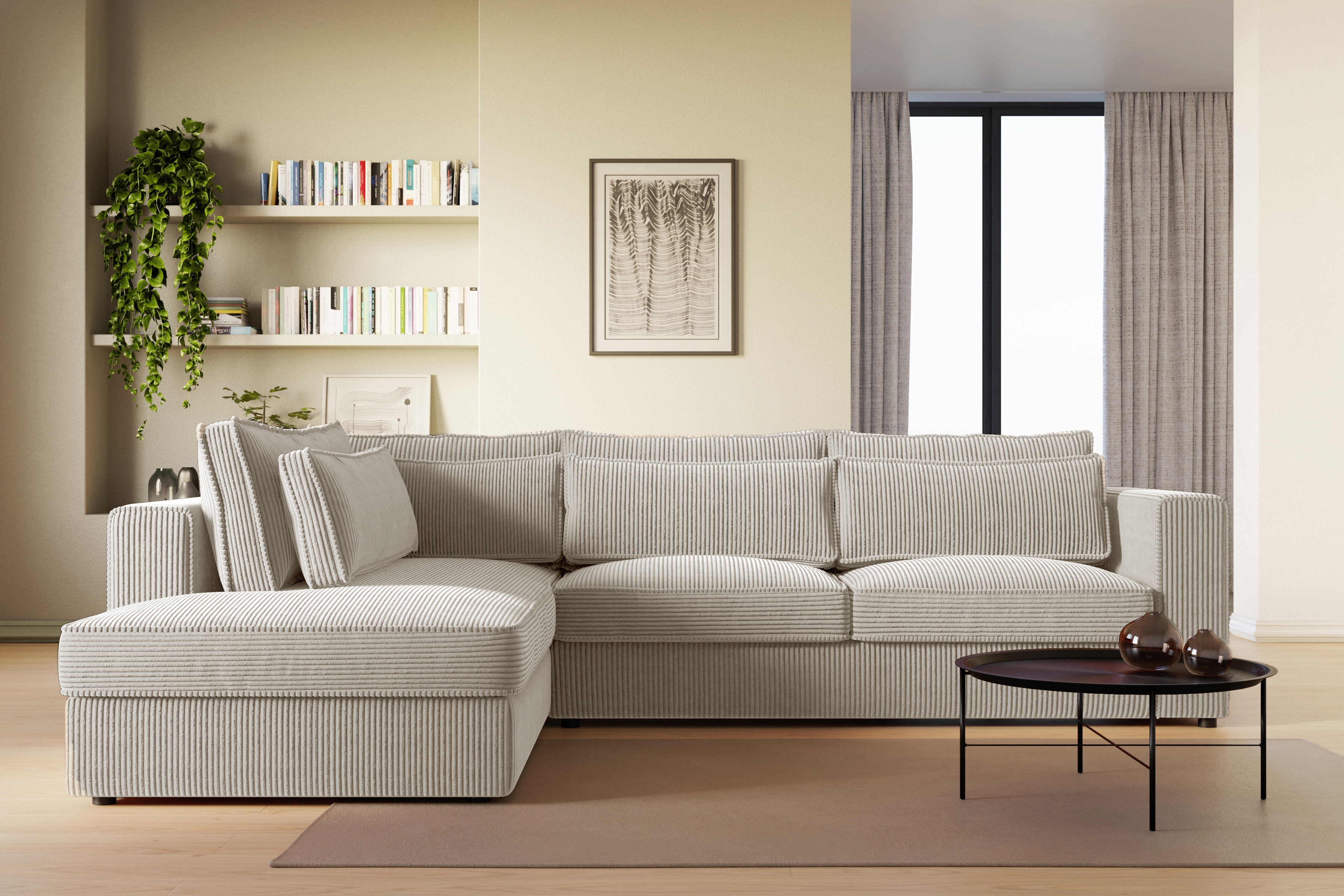 Rohová sedací souprava Larina levá - béžová Lincoln 03 Rohová sedací souprava pro obývacího pokoje Larina levá - béžová manšestr Lincoln 03