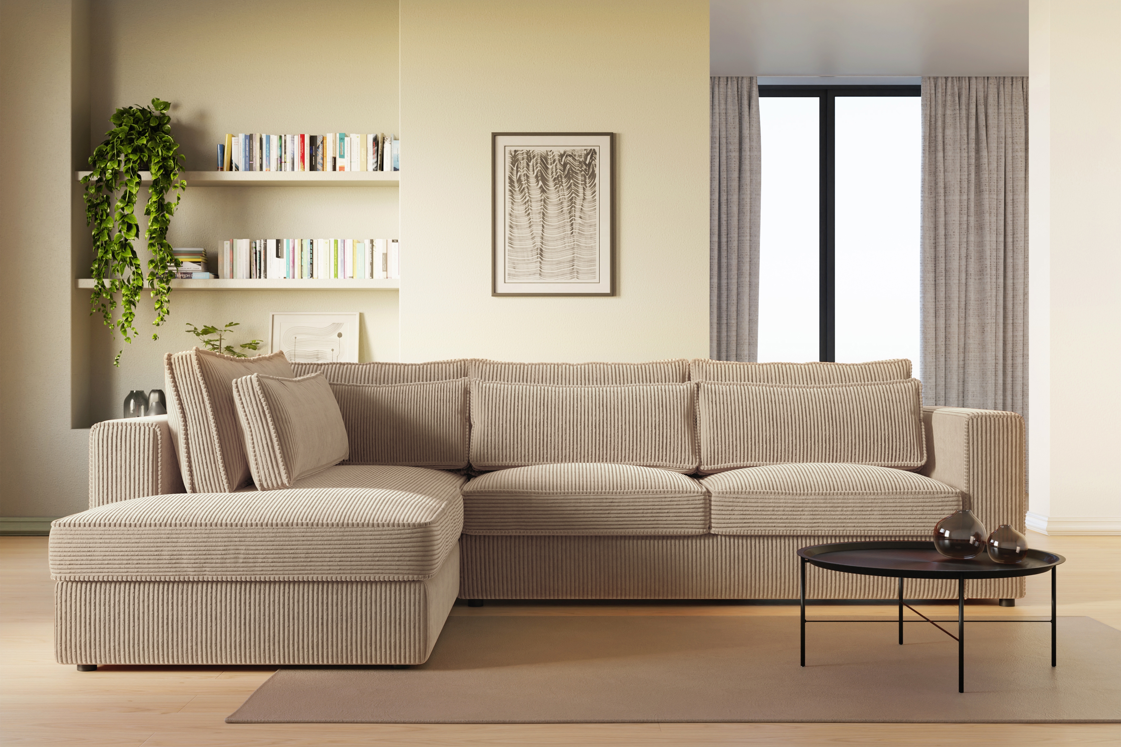 Rohová sedací souprava Larina levá - světle hnědá Lincoln 17 Rohová sedací souprava pro obývacího pokoje Larina levá - jasnobrazowy manšestr Lincoln 17