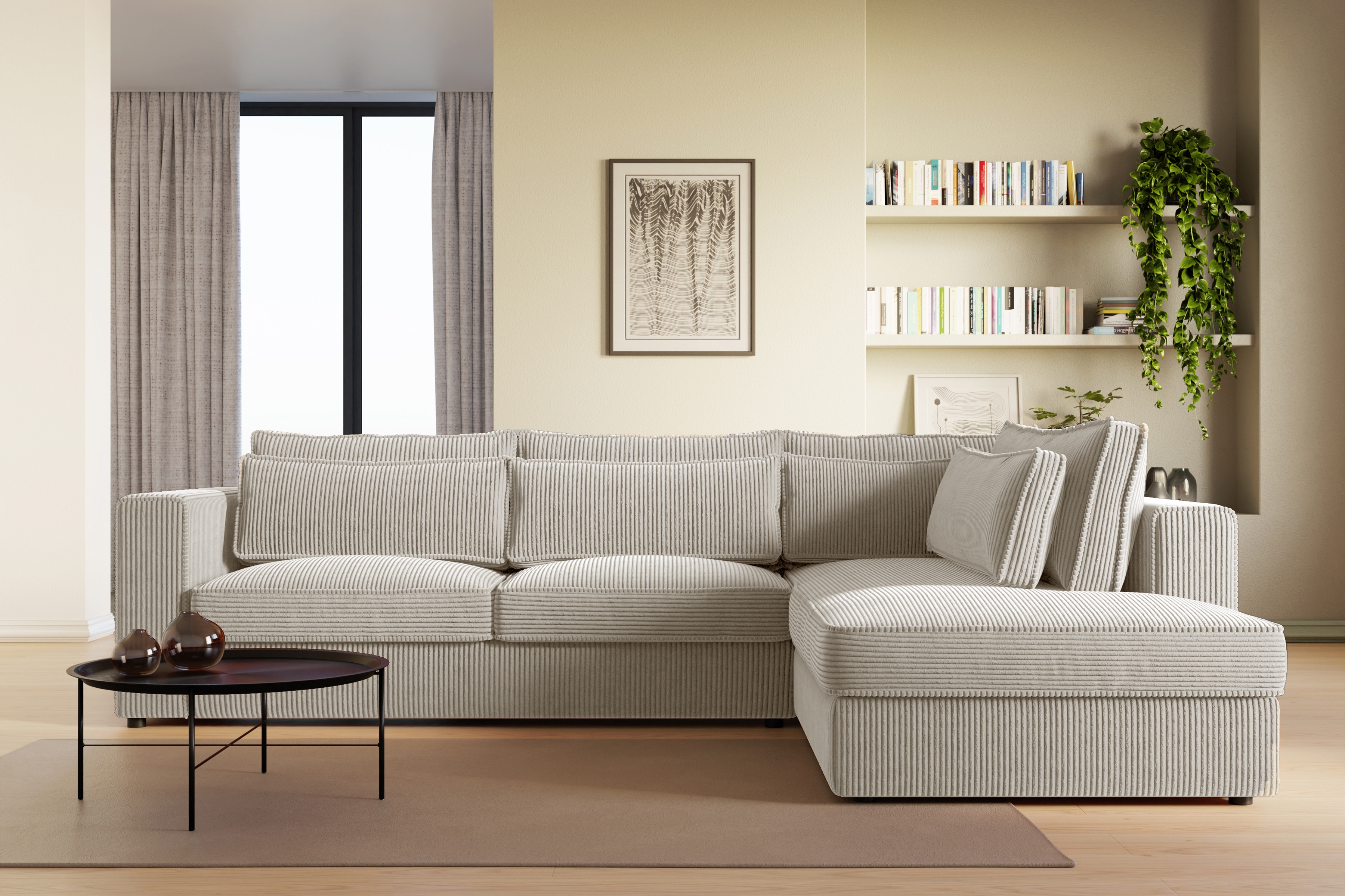 Rohová sedací souprava Larina pravá - béžová Lincoln 03 Rohová sedací souprava pro obývacího pokoje Larina pravá - béžová manšestr Lincoln 03